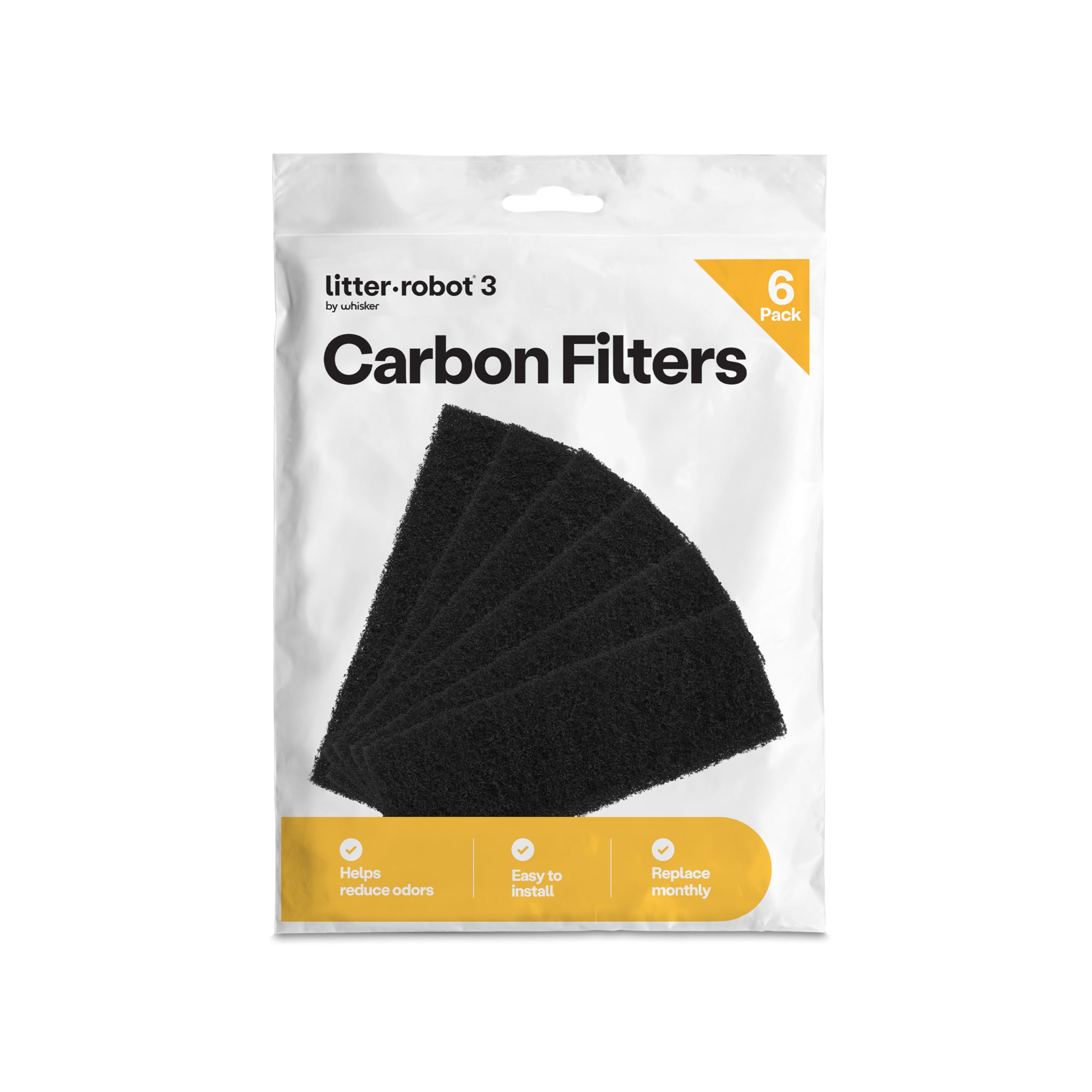 Litter-Robot 3 Carbon Filters by Whisker, 6-Pack - Litter Box Filter, Designed for Litter-Robot, Absorbs Odors & Controls Moisture for Cleaner Smelling Home
