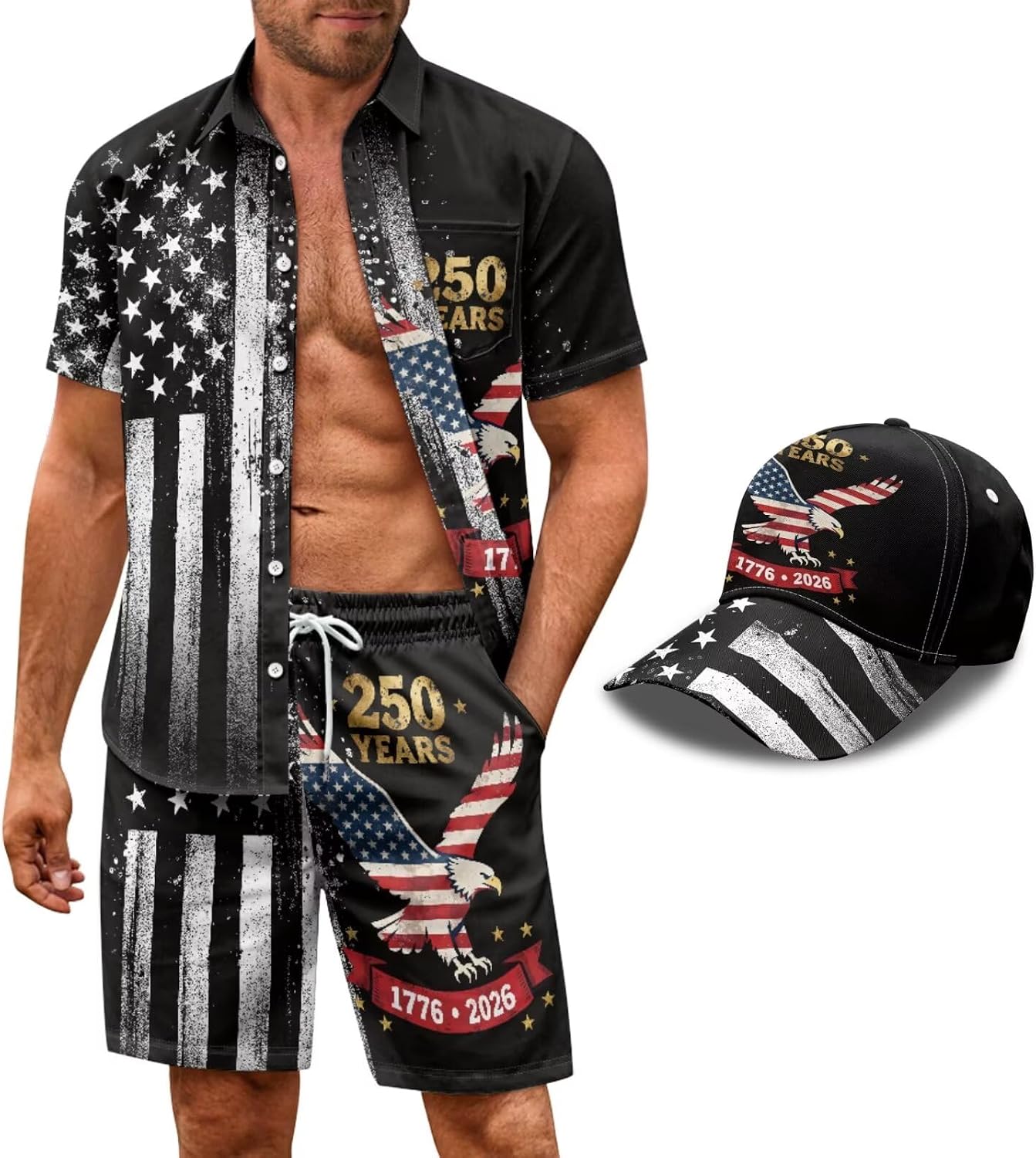 Mens Short Sleeve Button Down Shirts Patriotic Top Shorts Set 2Piece Outfit US Flag Tracksuit with Bicentennial Hat