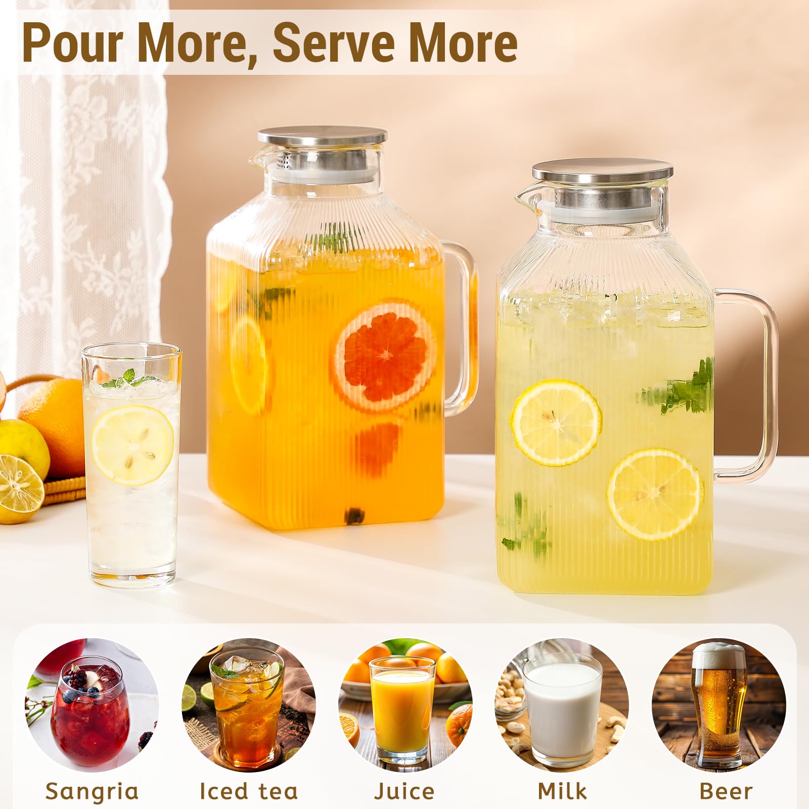 Paquete de 2 jarras cuadradas de vidrio grueso de 1 galón con tapa, jarras de agua de rayas clásicas para refrigerador, jarra de vidrio de borosilicato para bebidas calientes y frías, jarra