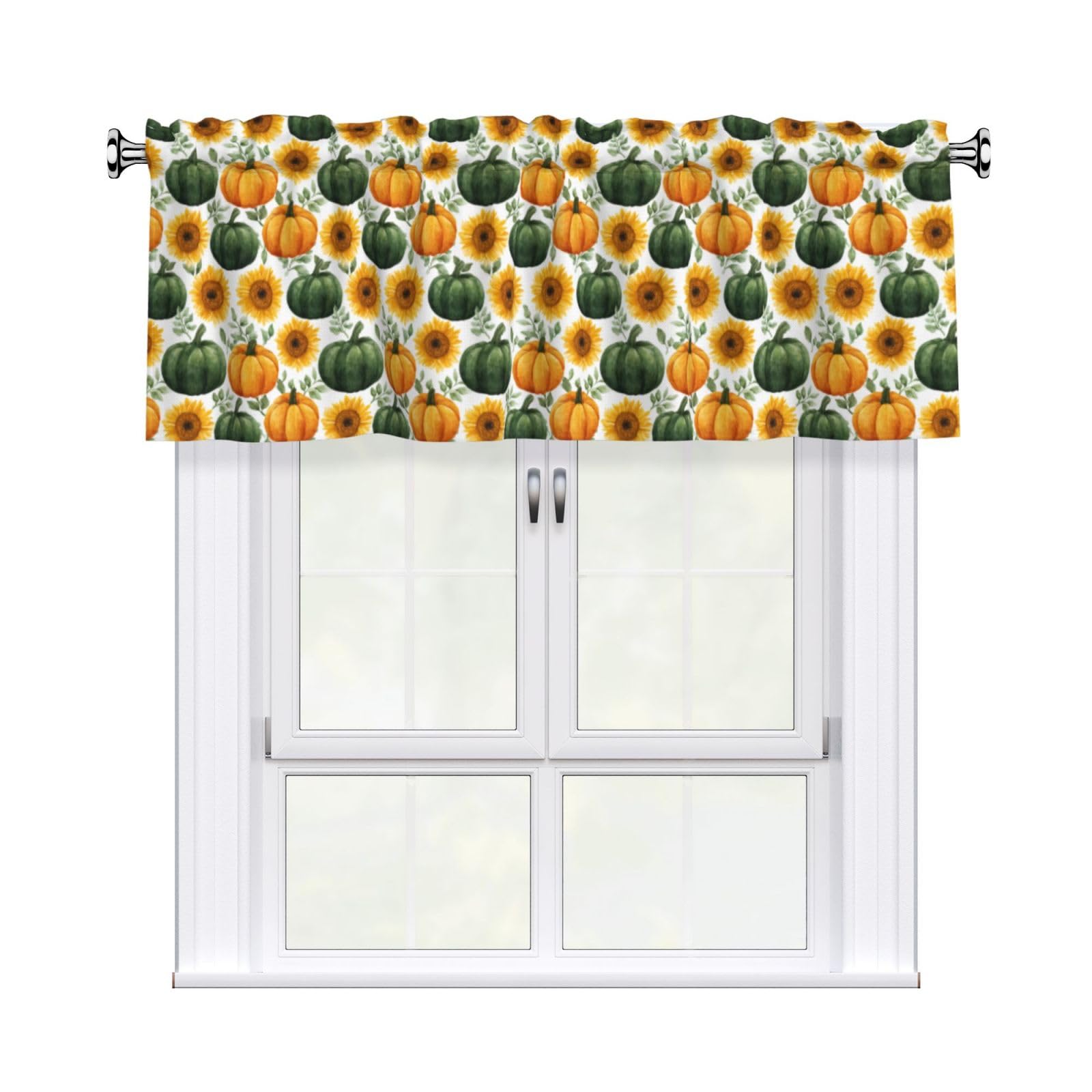 Woshuwo Green And Orange Pumpkins With Yellow Sunflowers Valances For Windows Rod Pocket Window Treatment Short Curtains For Kitchen Living Room Bedroom Decor 54x18in