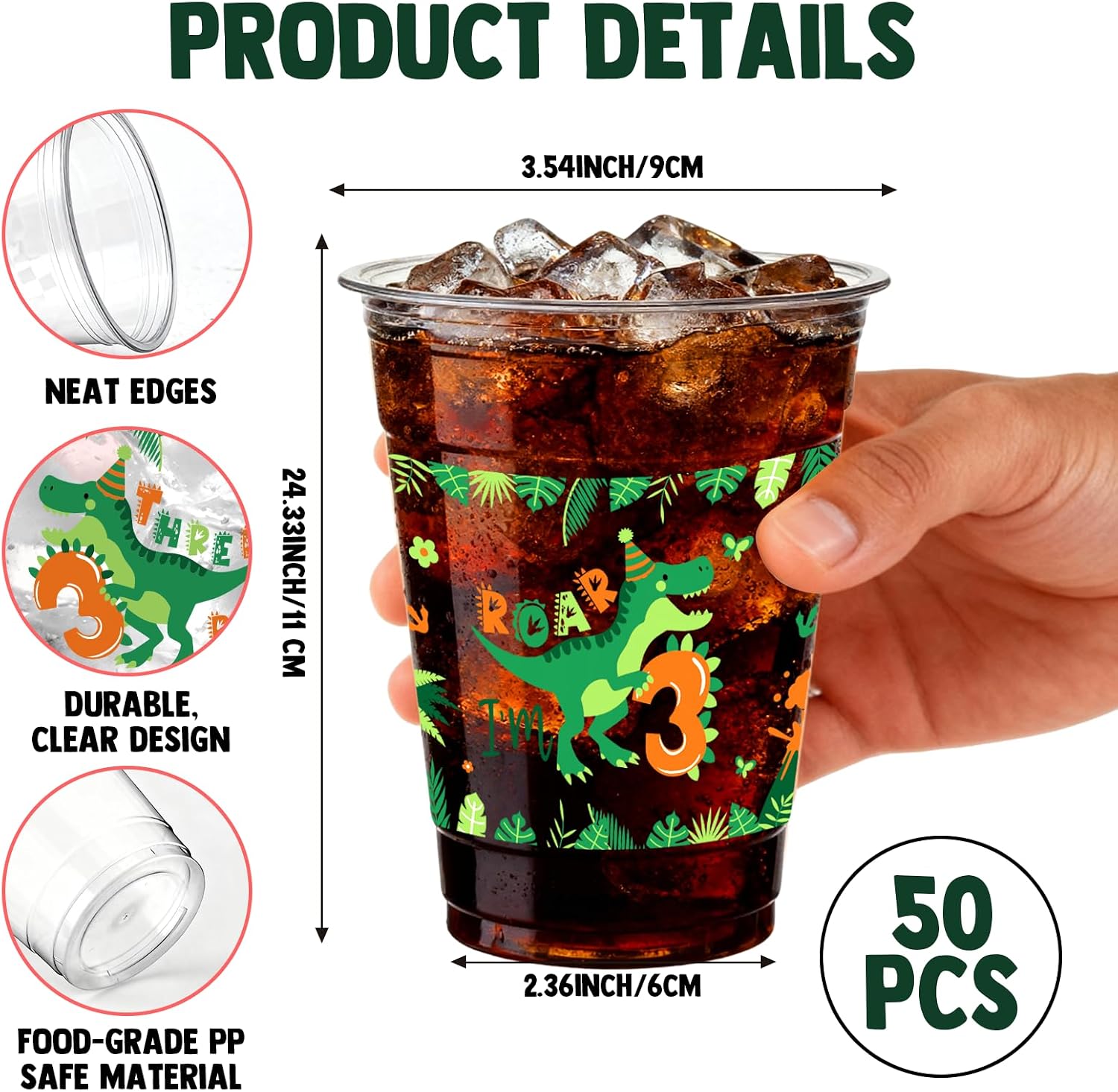 50 PCS Dinosaur 3rd Birthday Plastic Cups,12 OZ Clear Disposable Cold Hot Drinking Cups Beverage Water Container Dino Themed 3rd Birthday Party Supplies