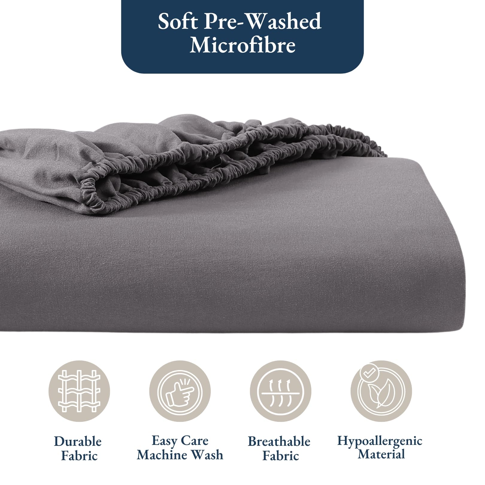 Fitted Sheet Double, Grey, Pre-Washed, Deep Pocket 14 inch (35 cm), Easy Care, Soft Brushed Microfibre Fabric - Image 3