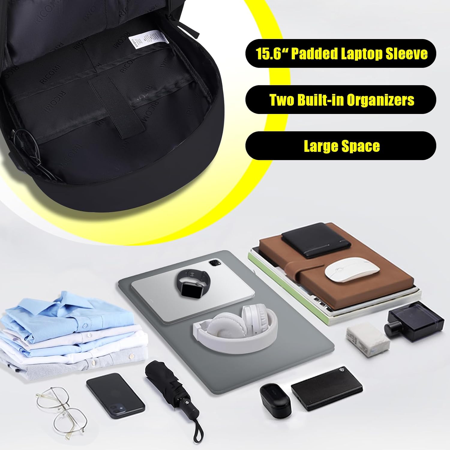 Premium Lightweight Laptop Backpack with USB Charging Port, Durable College School Bookbag, 2 Built-in Organizers, Padded 15.6-inch Laptop/Notebook Sleeve, Slim Water Resistant Bag, Black - Image 4