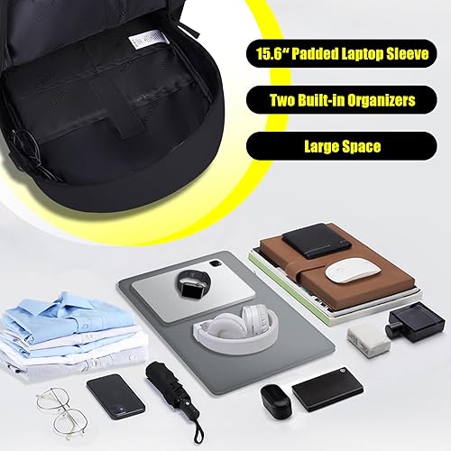 Miniatura 4 de Mochila ligera para laptop con puerto de carga USB, funda acolchada para laptop de 16 pulgadas, bolsa delgada resistente al agua, Negro, Tamaño