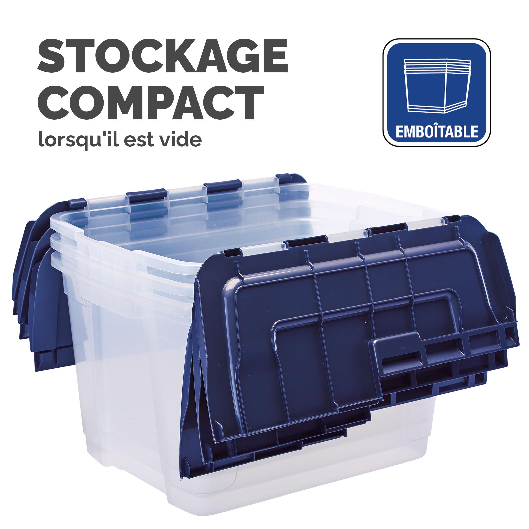 BANKERS BOX 55L Boîte fourre-tout en plastique, pack de 3, Polypropylène sans BPA, couvercles 100% recyclés, emboîtables et empilables, couvercle fendu, 35x43x59cm, polyvalent pour maison et bureau
