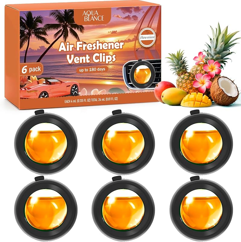 Car Air Freshener Vent Clips, Hawaiian, 6 Pack, Long Lasting Up to 180 Days | 4 mL Each, For Men & Women, Car Fragrance Accessories