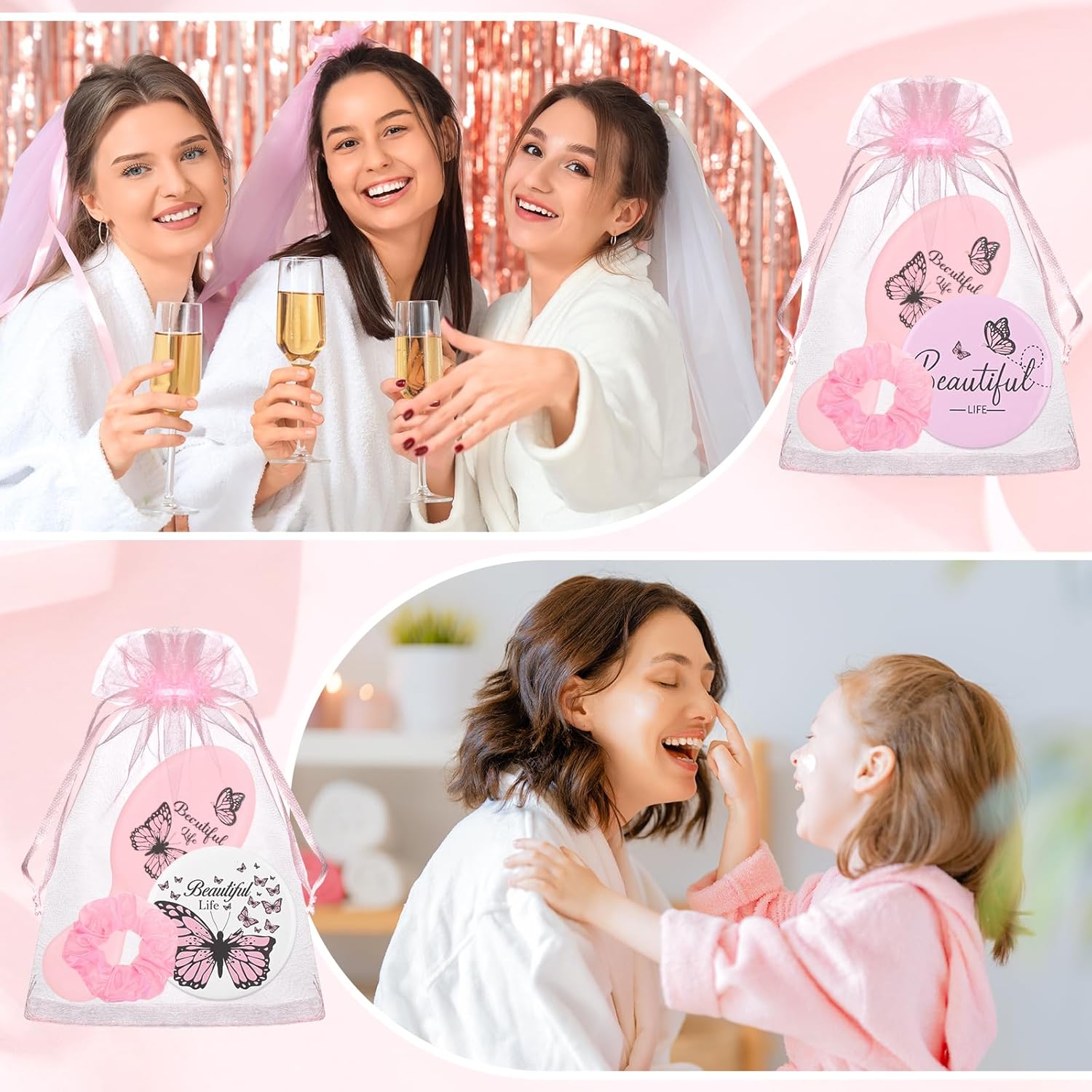 80PCS Spa Sleepover Party Supplies Coquette Travel Hairbrush Set Butterfly Mini Detangler Brush Coquette Pink Party Favor Include 20Detangler Hair Brushes Combs,Cosmetic Mirrors,Hair Tie,Bags