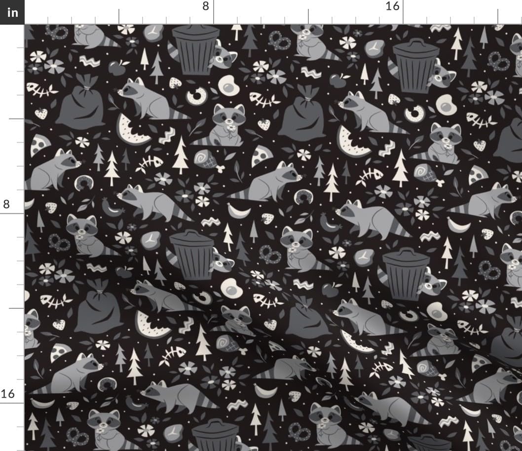 Spoonflower Fabric - Cute Racoon Black Gray White Floral Food Raccoon Bacon Donut Trash Printed on Petal Cotton Fabric Fat Quarter - Sewing Quilting Apparel Crafts Decor