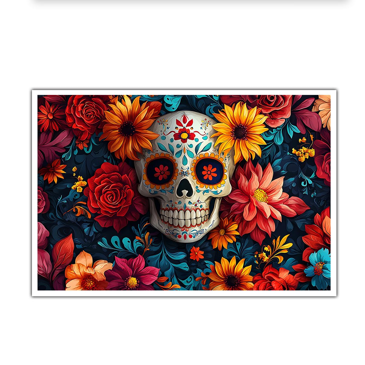 SHENGPOSTER Mexican Skull Canvas Prints Wall Art Vibrant Sunflowers Red Roses Floral Wall Decor for Bedroom Hallway Vintage Boho Skeleton Wall Pictures, Unframed 65x95cm