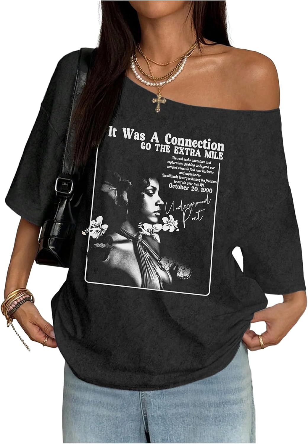 SOLY HUX Women's Plus Size Off The Shoulder Graphic Tees Retro Short Sleeve T Shirts Vintage Streetwear