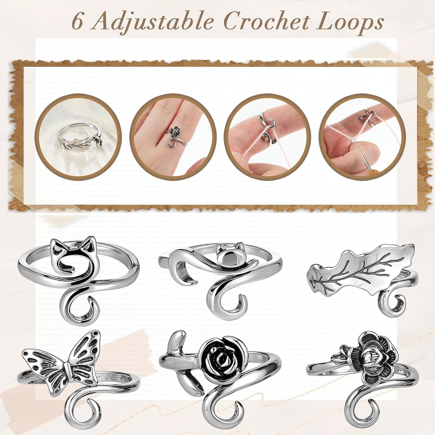 cobee 6 Pcs Crochet Ring for Finger, Adjustable Yarn Guide Crochet Rings