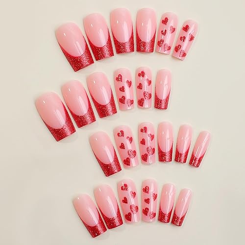 Miniatura 2 de Uñas postizas a presión con punta francesa para el día de San Valentín, uñas postizas largas cuadradas, uñas acrílicas a presión, uñas postizas