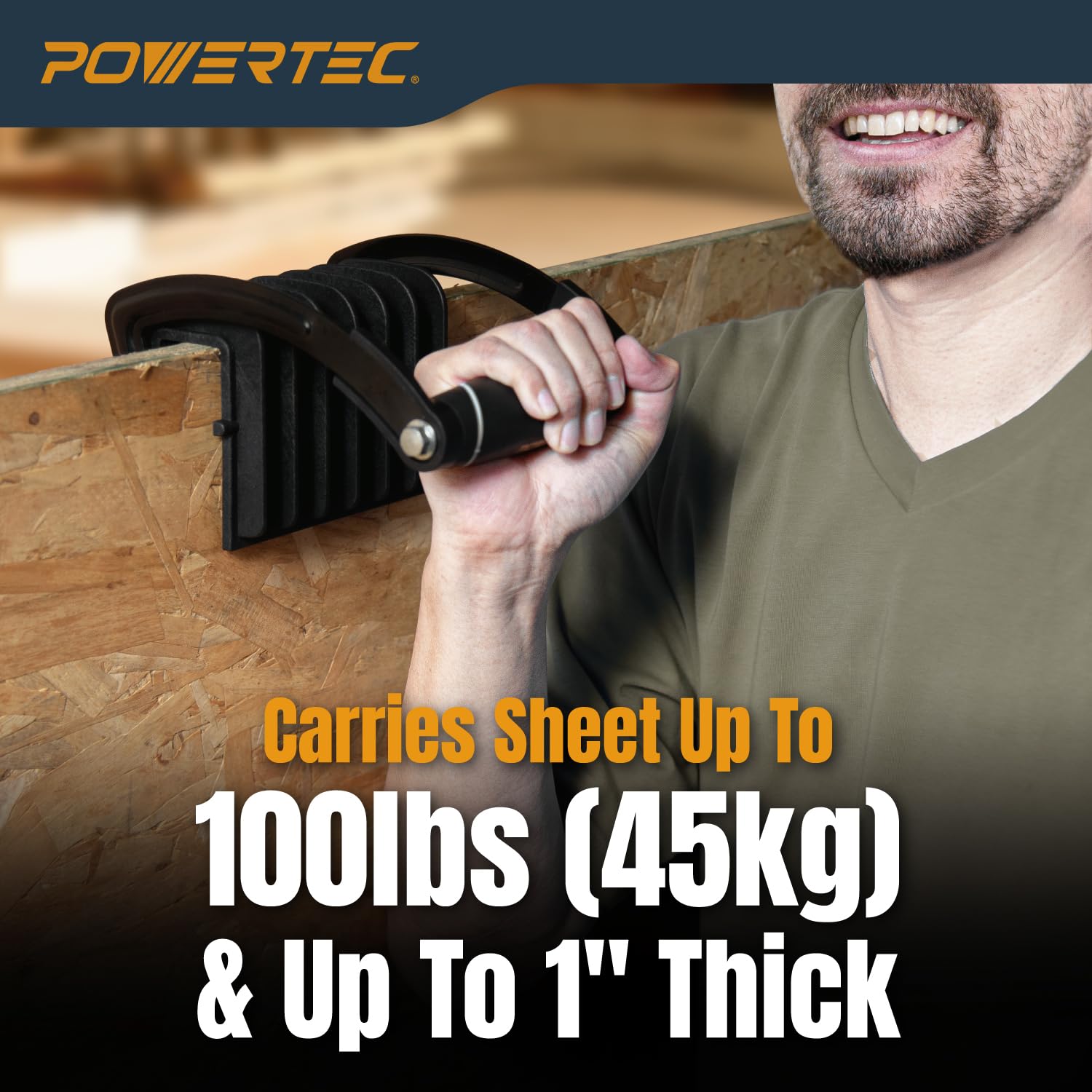 POWERTEC Supporto per pannelli in compensato e cartongesso, strumento di sollevamento ergonomico con una sola mano con capacità di 45,4 kg, resistente morsetto autoregolante per fogli fino a 2,5 cm di