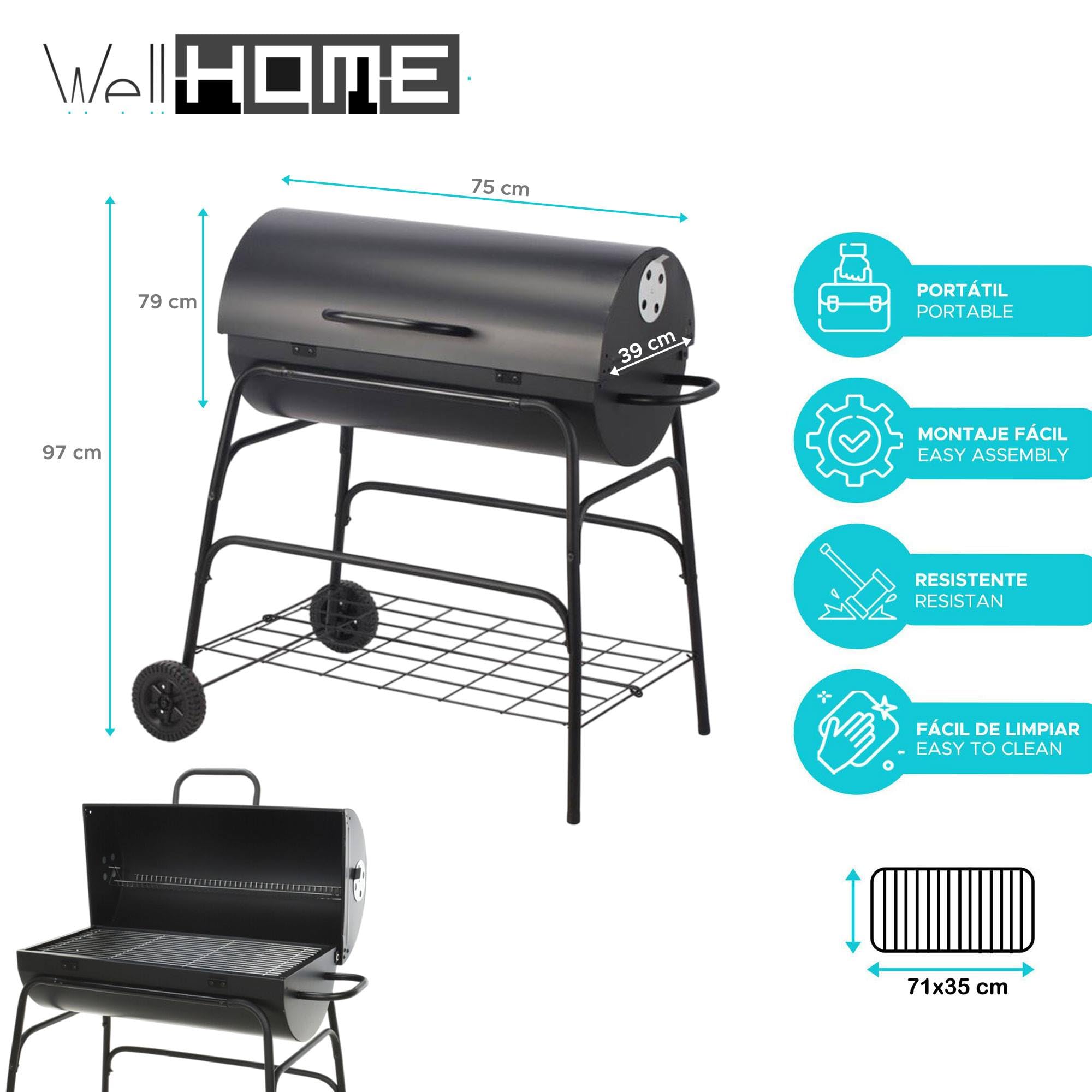 Well Home Barbacoa de cilindro con ruedas, color negro y parrilla de cocción chapada H.97cm