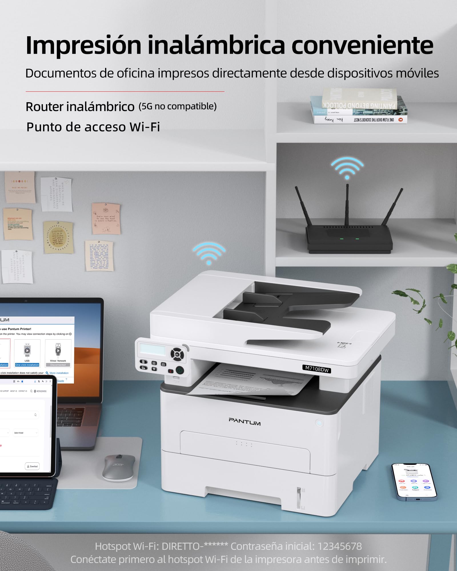 PANTUM M7108DW Impresora Multifunción Láser, 33ppm Impresión Automática a Doble Cara, impresión/Copia/escaneado, Blanco y Negro(A4, Wi-Fi Direct, Bluetooth, USB, AirPrint, Mopria)