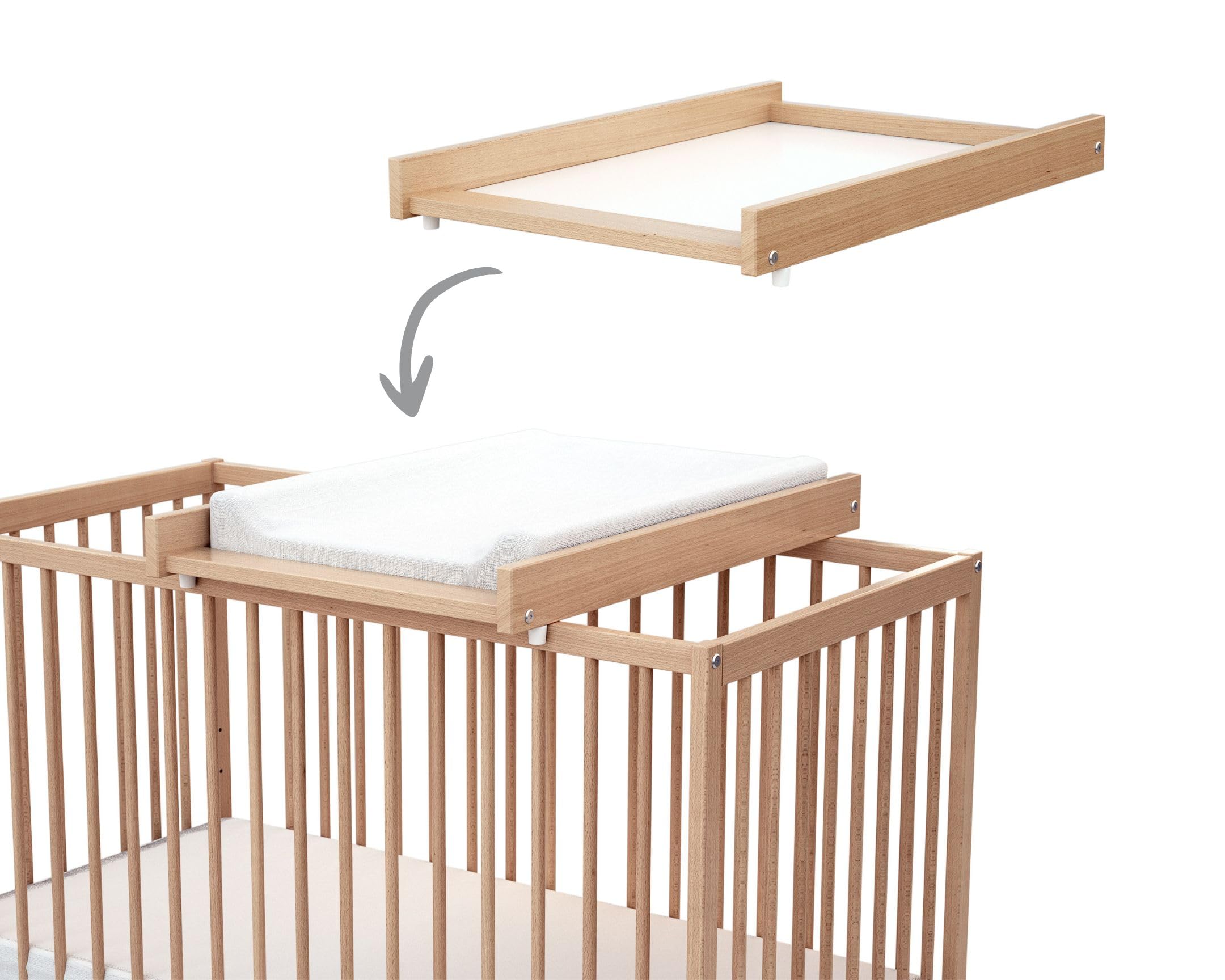 AT4 - Grand plan à langer ESSENTIEL Hêtre verni pour lit bébé en bois ESSENTIEL pour 60 x 120 et 70x140 cm | Dimensions (L x l x H) : 82,5 x 54 x 12 cm