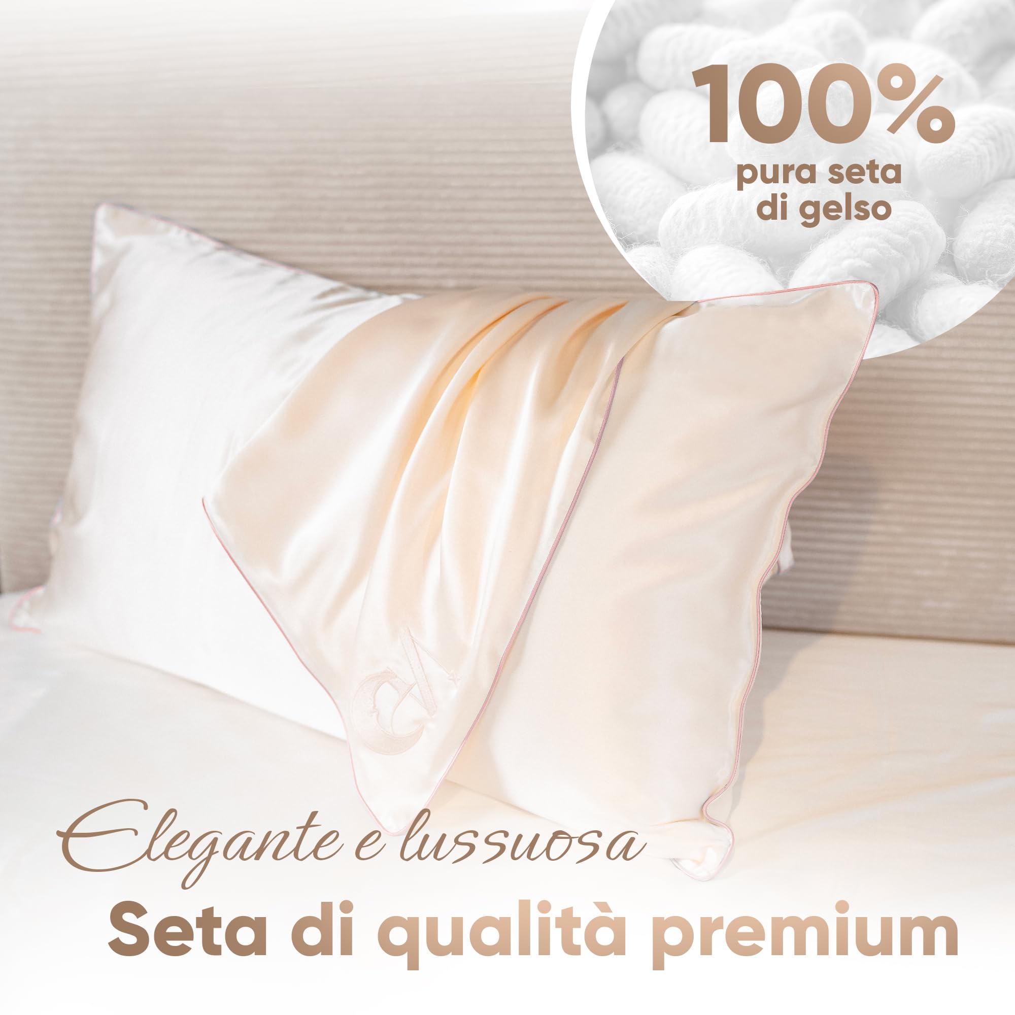 Federa Seta Cuscino 50x80 6A, 22 momme | Certificata da Dermatologi per Pelle e Capelli | Federa in seta per capelli | Benefici concreti per pelle e capelli (Light Champagne - bordo Rosa)