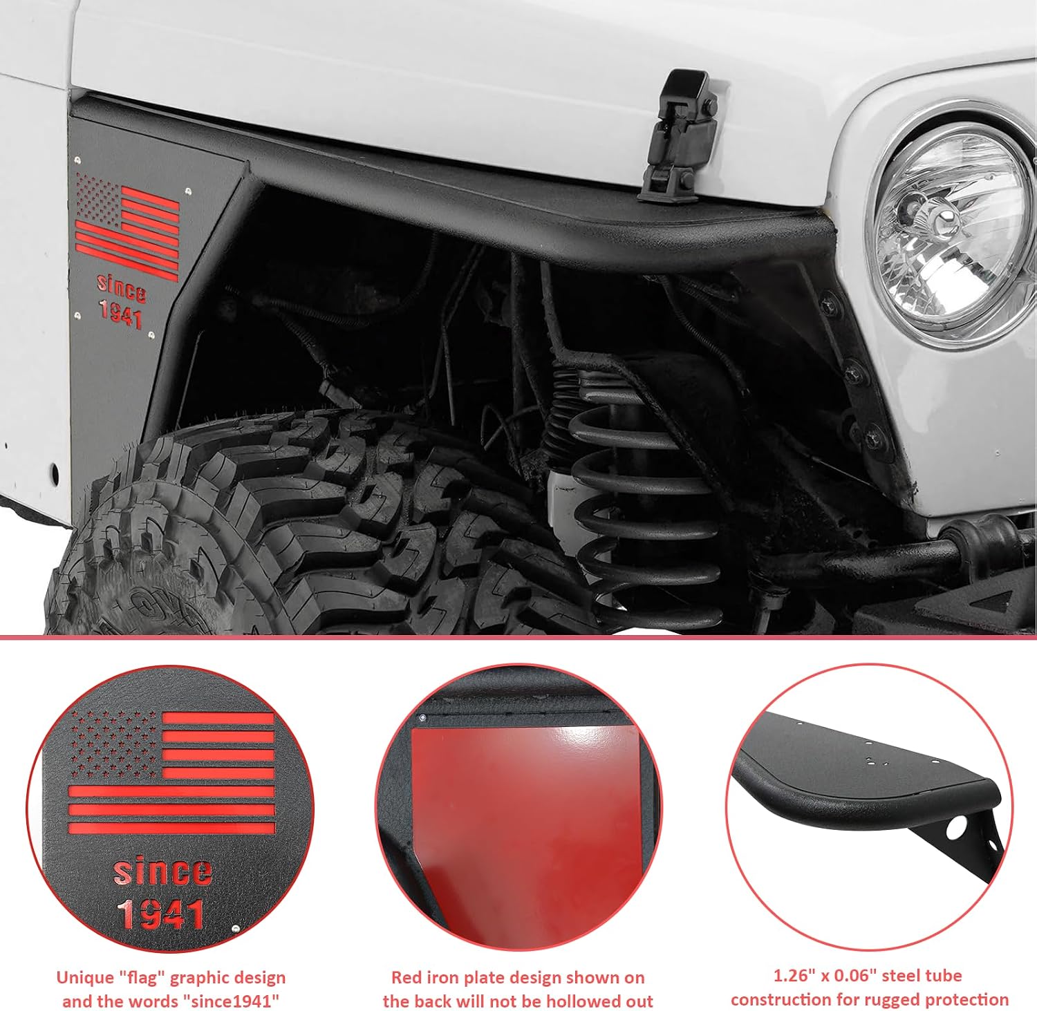 Wrangler TJ Front Flat Fender Flares Compatible with 1997-2006 Jeep Wrangler TJ & Unlimited, 2PCS Steel Off-Road Jeep TJ Fenders Wheel Cover Guards Textured Black