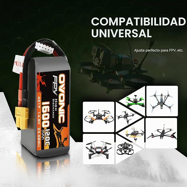 Foto 3 de 6 de OVONIC 4s Batería Lipo 120C 14.8V 1600mAh con Conector XT60 para RC FPV Helicóptero Avión Quadcopter Hobby…