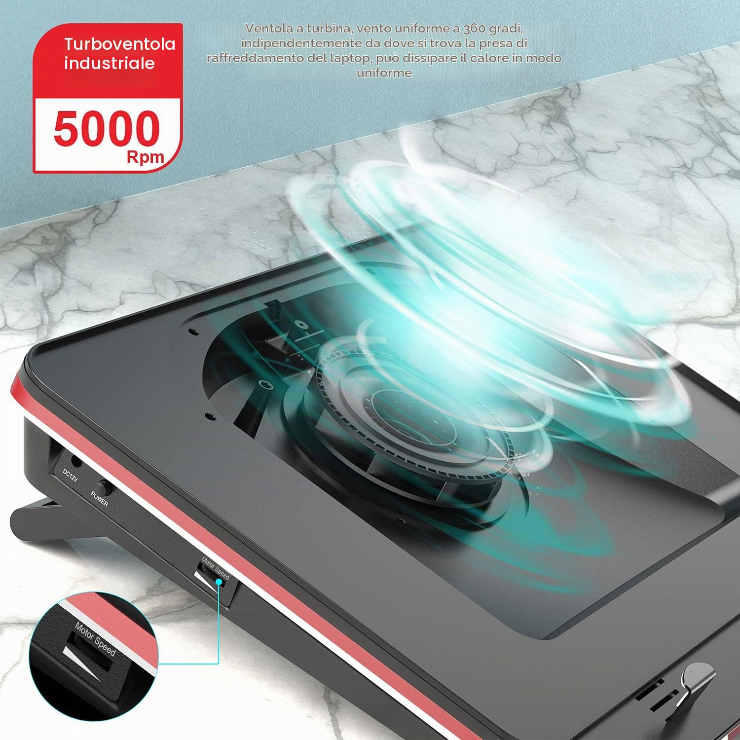 IETS GT500, potente turboventilatore (5000 giri/min), con velocità infinitamente variabile, guarnizione in schiuma per raffreddamento rapido per computer portatili da gioco da 13-17,3", con hub USB a