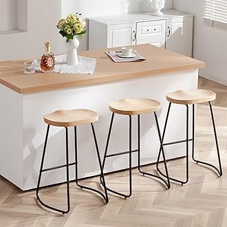 HeuGah Counter Height Bar Stools Set of 3, Solid Wood Bar Stool for Kitchen Island 26" Barstool with Metal Leg Rustic Backless Saddle Seat Stools with Footrest (Burlywood, 3 PCS 26Inch Counter Chair)