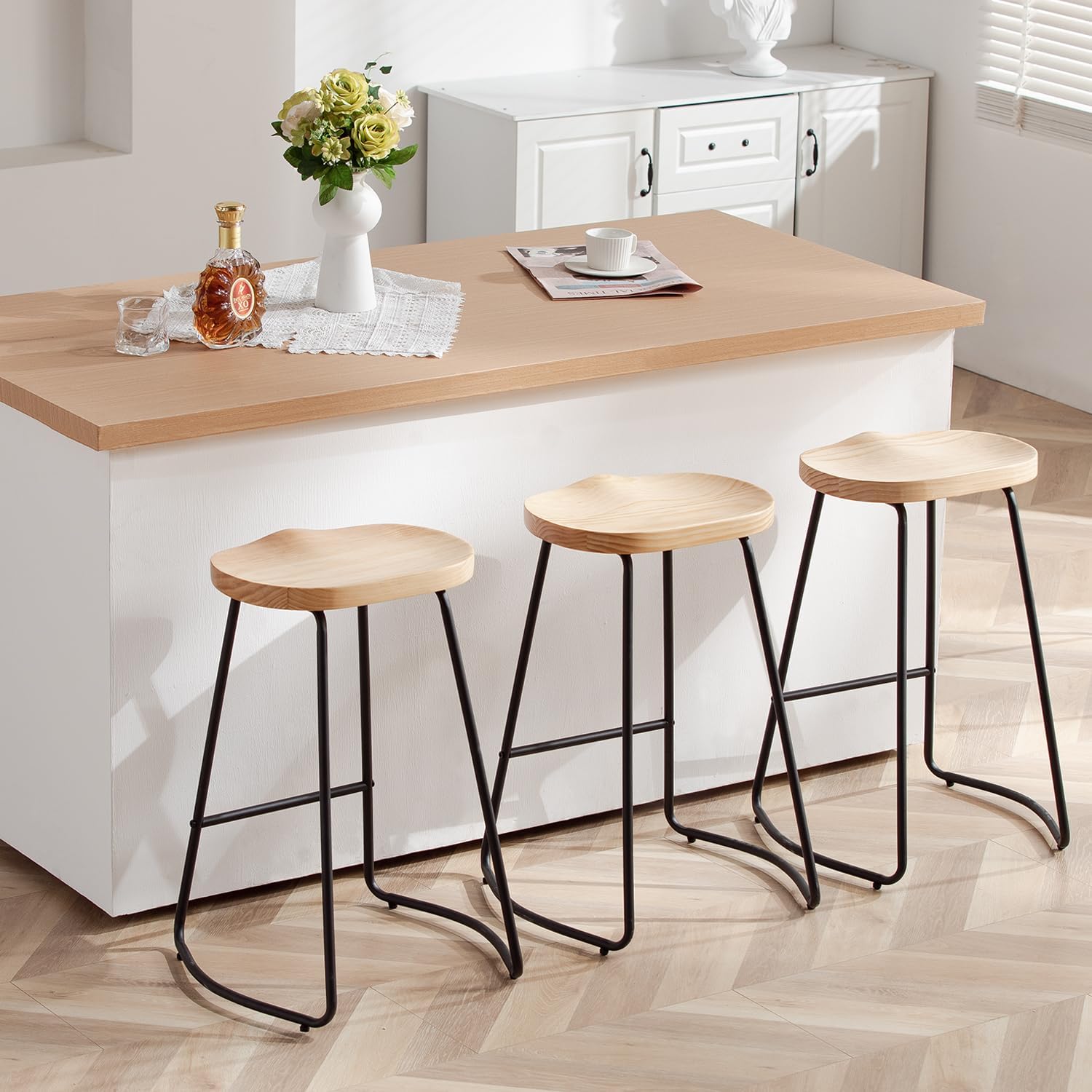 HeuGah Counter Height Bar Stools Set of 3, Solid Wood Bar Stool for Kitchen Island 26" Barstool with Metal Leg Rustic Backless Saddle Seat Stools with Footrest (Burlywood, 3 PCS 26Inch Counter Stools)