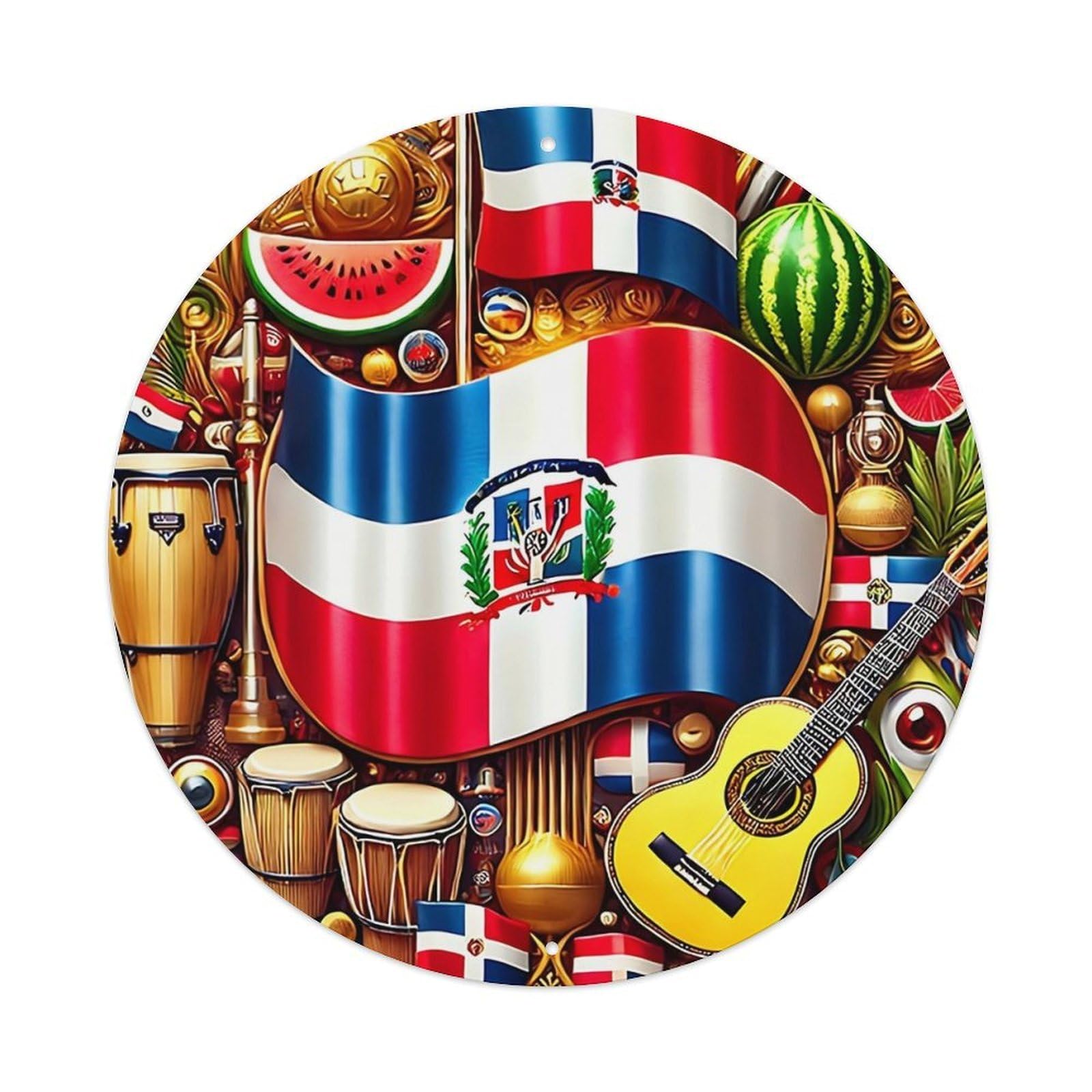 Dominican Flag And Musical Instruments Vintage Metal Tin Sign Retro Wall Decor for Home Bar Garage Cafe, Indoor & Outdoor Decorative，circle Metal Poster, 8x8 Inch