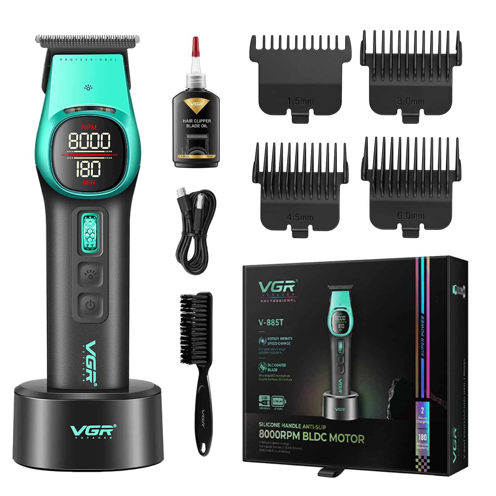 VGR 885T - Rasoio per capelli da uomo, T-Blade, display a LED, 180-220 min | Spot luce LED, 6000-8000 giri/min, velocità 21 livelli, batteria 2000mAh, manico in silicone design antiscivolo