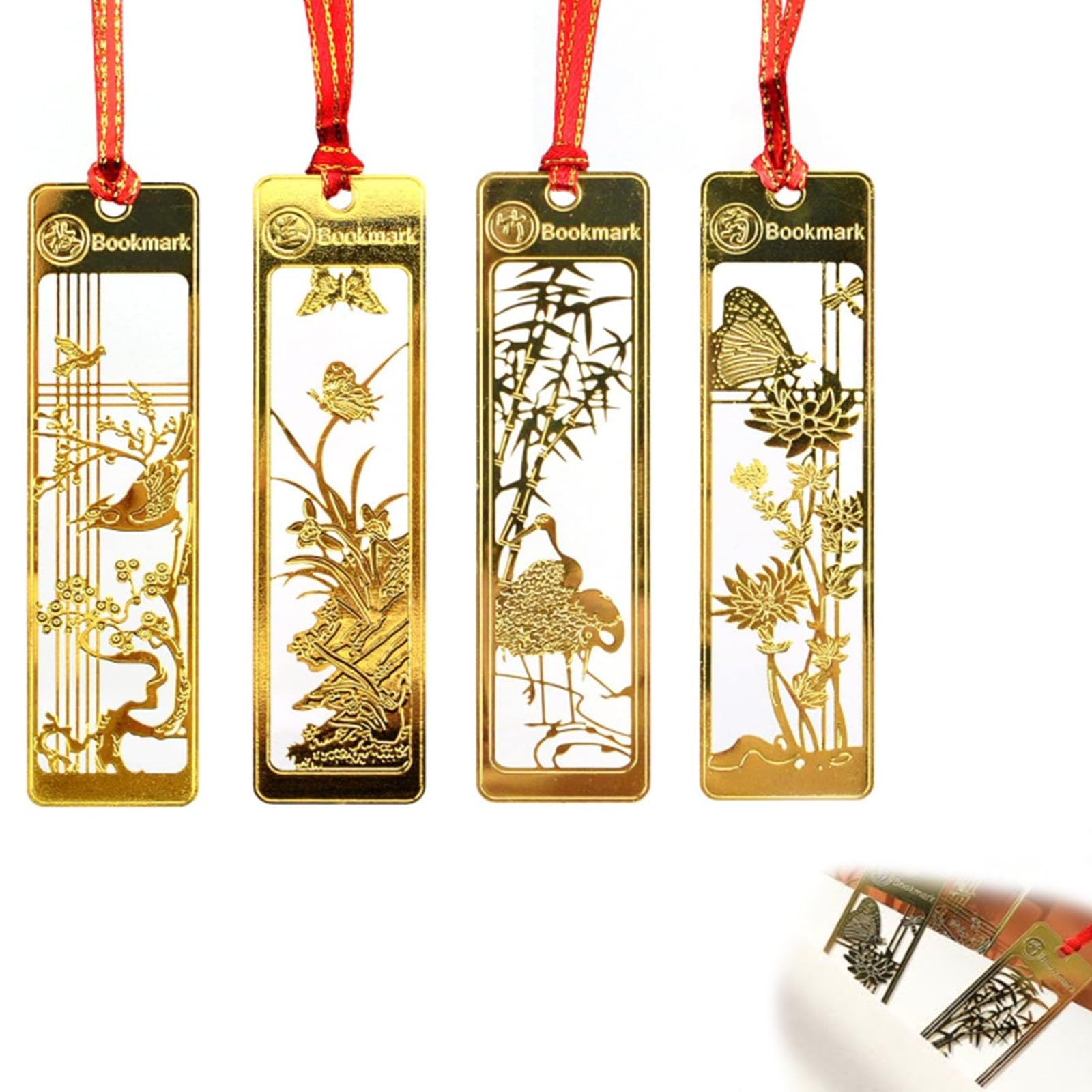 FsGrg Shikun (Plum Orchid Bamboo Chrysanthemum) Hollow Carved Metal Book Marker Stainless Steel Classical Series 4pcs Reading Bookmark Vintage Fashion : Office Products