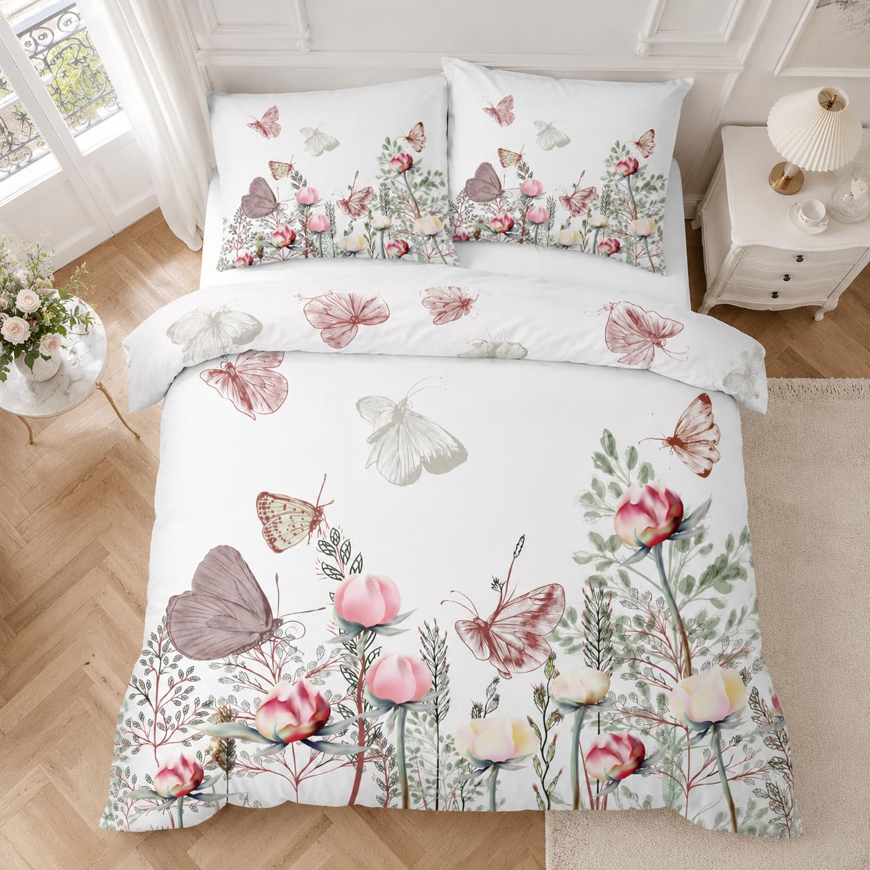 Housse de Couette 220x240 cm Blanche Fleur Parure de Lit Adulte avec Fermeture Éclair, Papillon Linge de Lit Parure Housse Couette 2 Personnes en Microfibre + 2 Taie d'oreiller 65x65 cm