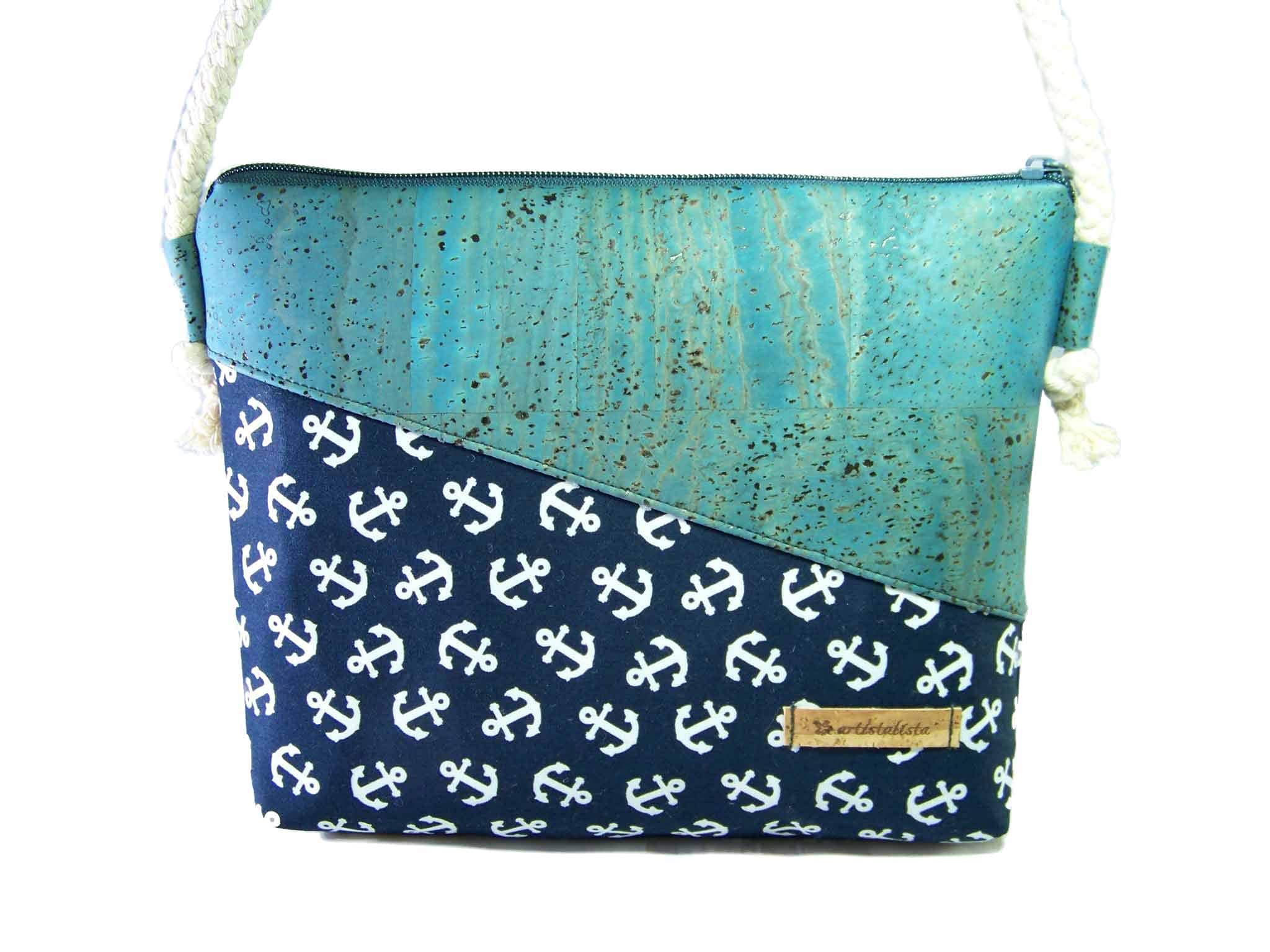 Handmade Korktasche mit Anker Stoff + Kork Schultertasche Umhängetasche Damen Tasche Handtasche, nachhaltig vegan und fair