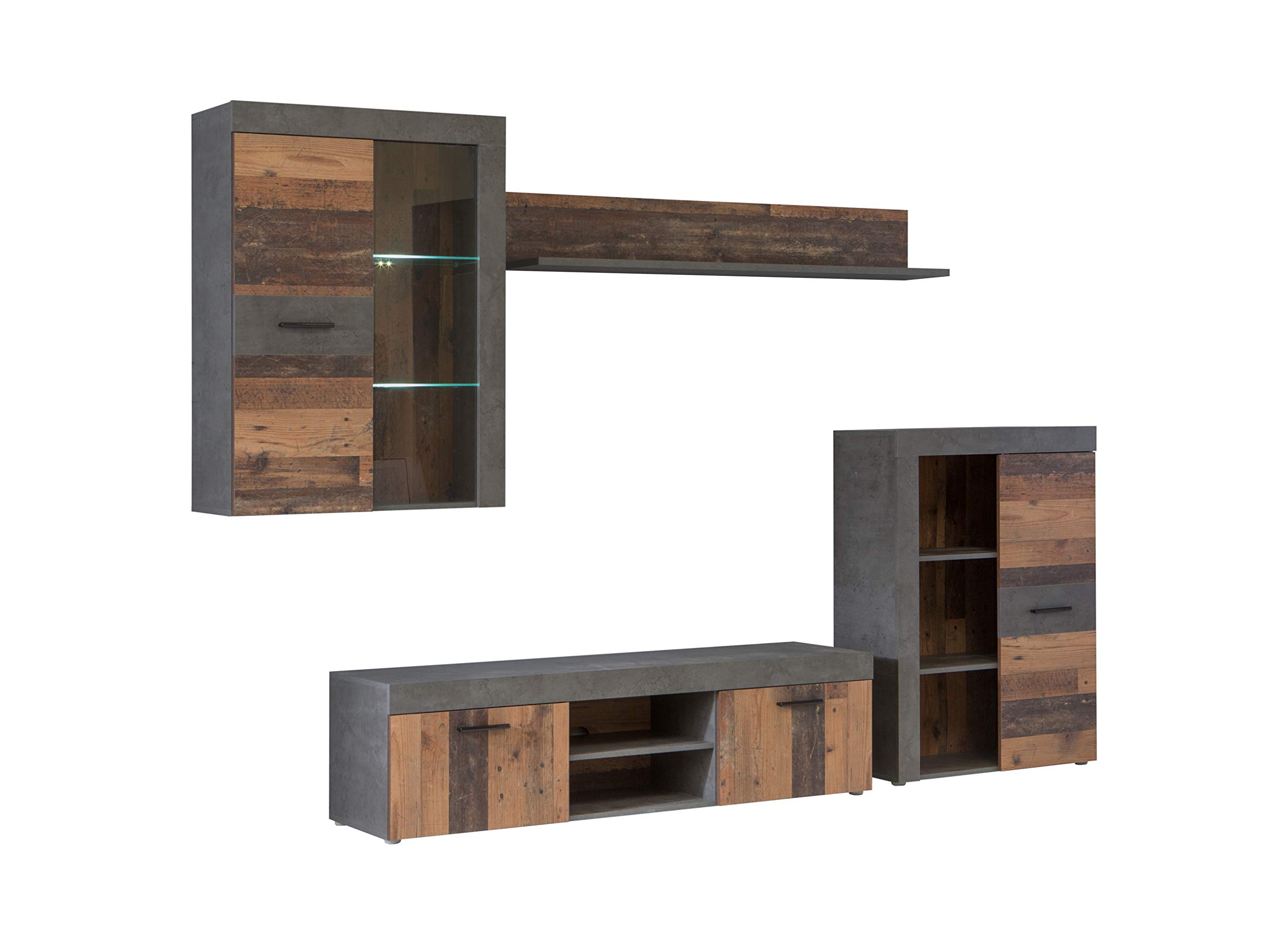 Forte Grigor Wohnwand mit 4 Türen, Holzwerkstoff, Old Wood Wintage mit Betonoptik Dunkelgrau, B x H x T: 290 x 192,3 x 41 cm