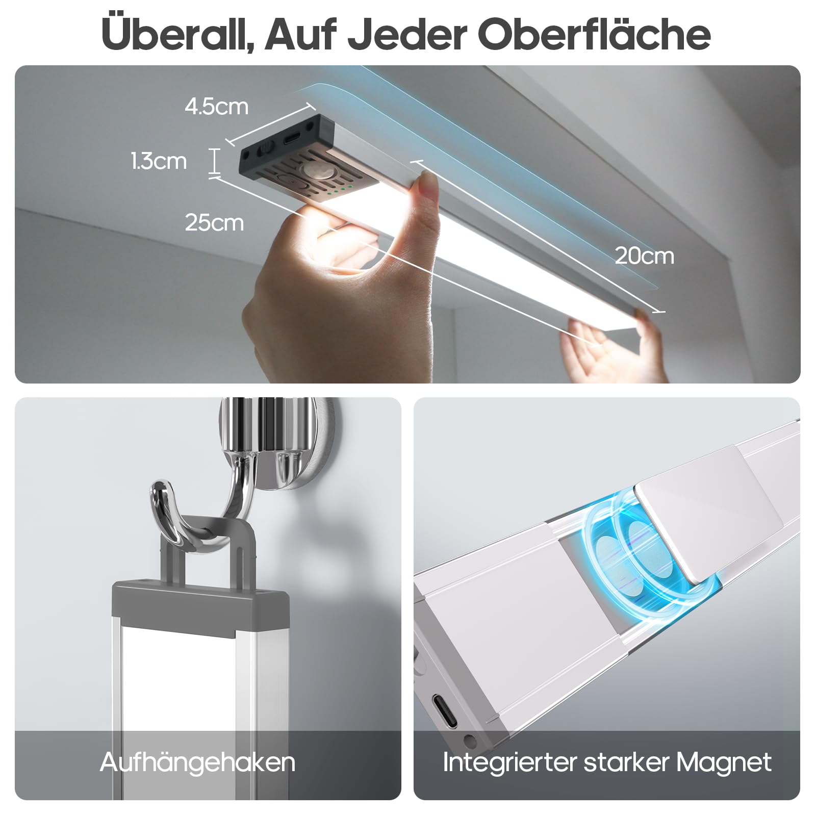 GOODEA 44.5CM Unterbauleuchte Küche LED Schrankbeleuchtung - 4500mAh Akku Bewegungsmelder Licht - 3 Farbten Dimmbar Unterschrank Beleuchtung Magnetisch LED Leiste für Küchen Schrank Büro RV [2er Set]