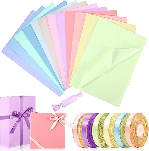 Kolldenn Juego de 120 hojas de papel de seda multicolor de 20 x 28 pulgadas y 6 rollos de cinta de satén para Navidad, cumpleaños, decoración de