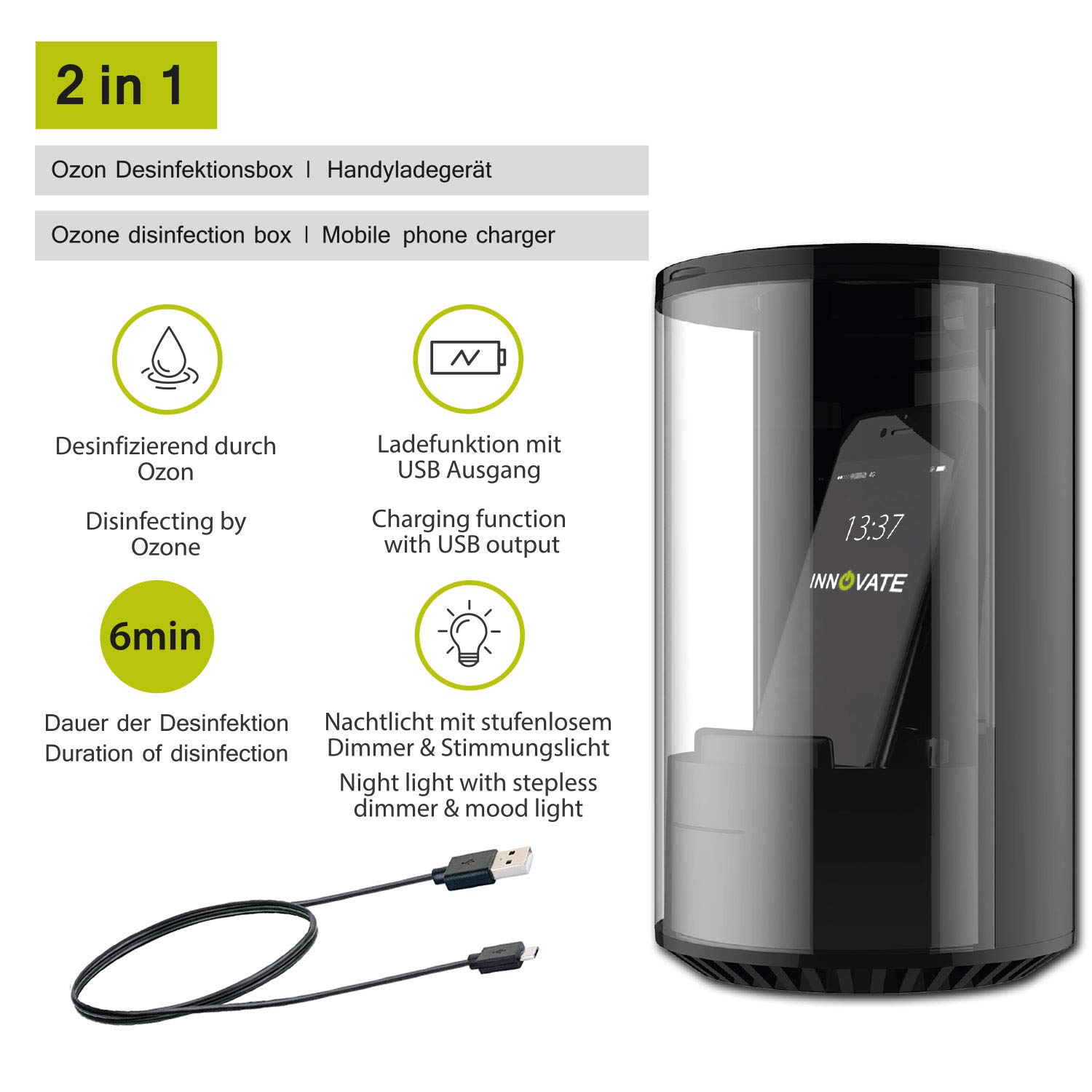 INNOVATE - Boîte de désinfection ozone, stérilisateur, désinfectant pour téléphone portable, clés, smartphone, bijoux, lunettes, etc., éclairage LED, câble USB, port USB