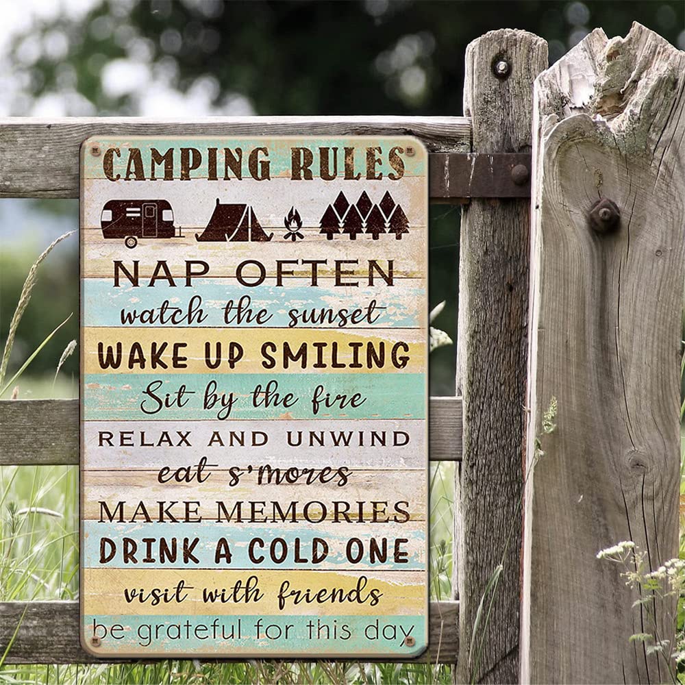 Camper Decor Camping Decor Metal Sign - Camping Rules - Outdoor Sign for Campsite, Lake House, Cabin