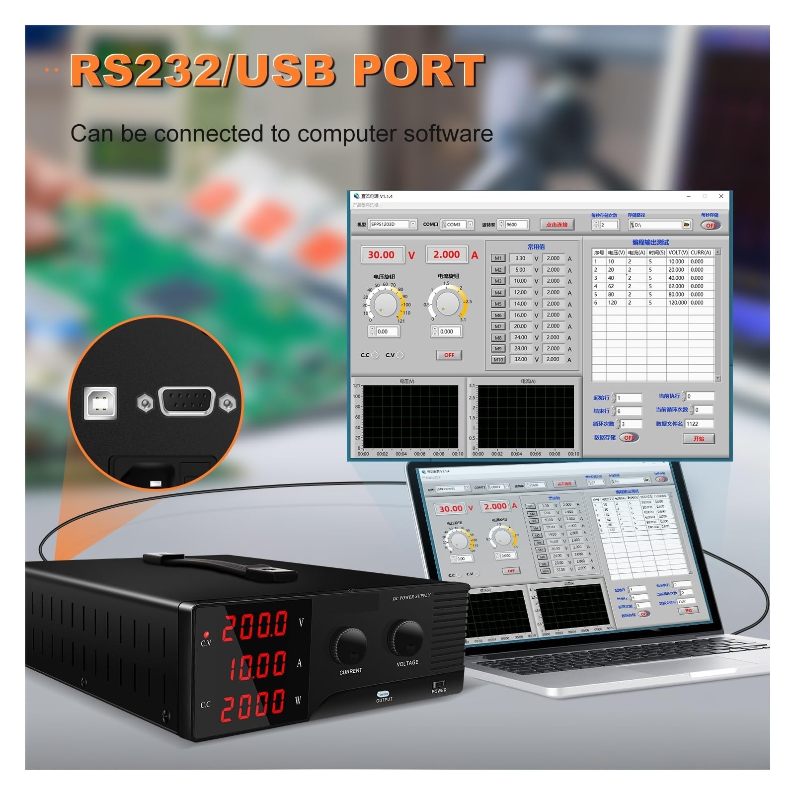 Zasilacz laboratoryjny DC o mocy 3 kW, regulowany, z regulacją napięcia i sterowaniem programowym RS232, napięcie od 15 V do 200 Z funkcją pamięci(60V 30A 1800W)