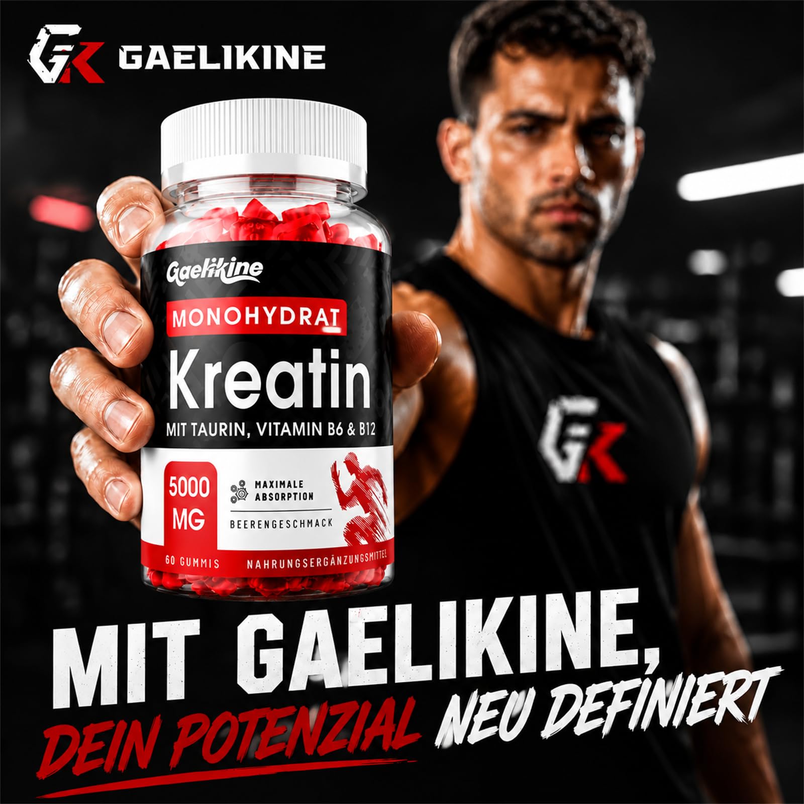 Creatin Monohydrat Gummibärchen 5000mg, Hochdosierte Kreatin mit Taurin, Vitamin B12 & B6, Alternative zu Kreatin Kapseln & Pulver, Vegan, Beerengeschmack (60 Stück (1er Pack))