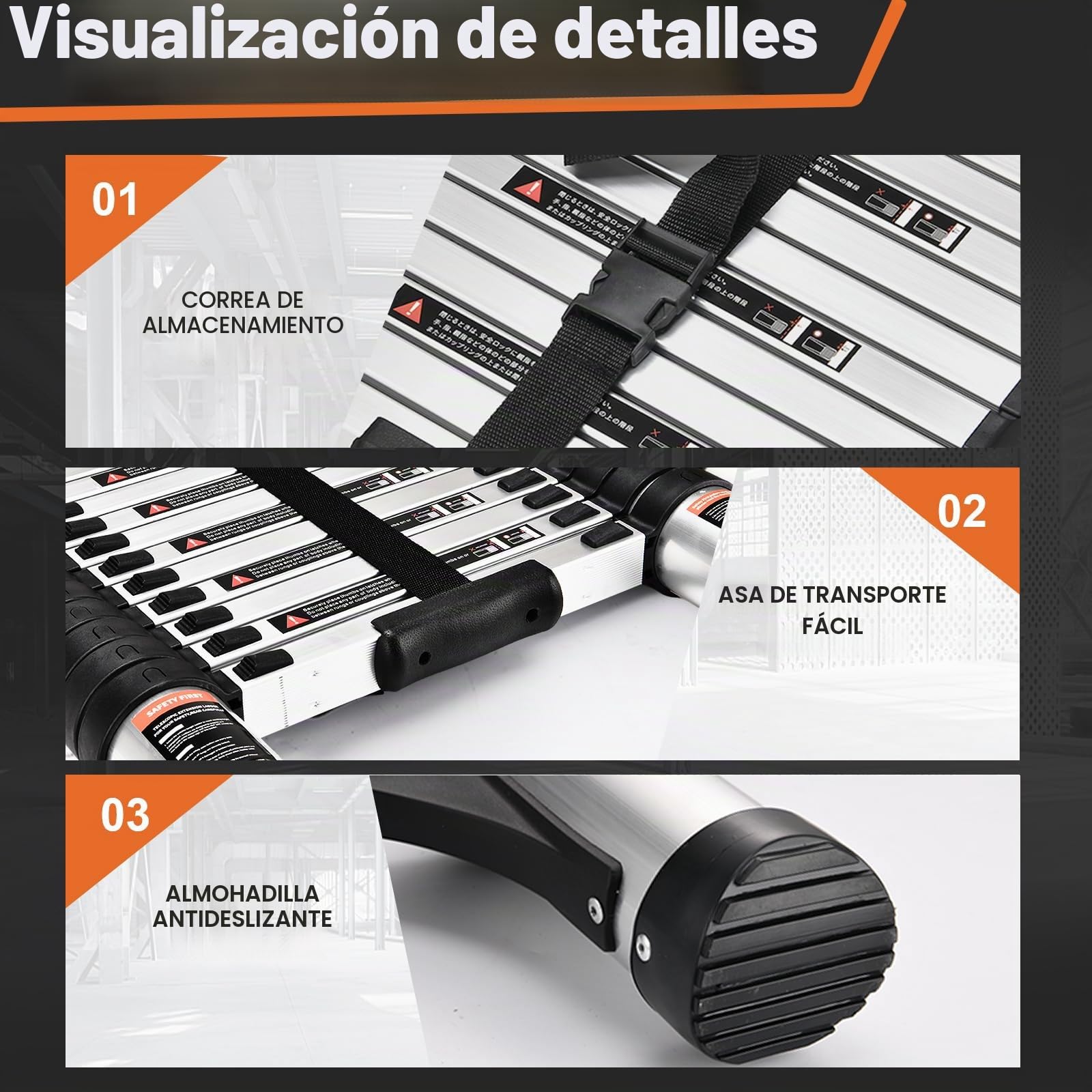 Escalera telescópica de 3.2 m con Ganchos y pies Antideslizantes, Escalera Plegable de Aluminio Ligero para altillos, Casas rodantes, Exteriores e Interiores, Capacidad de Carga de 150kg.Argentato