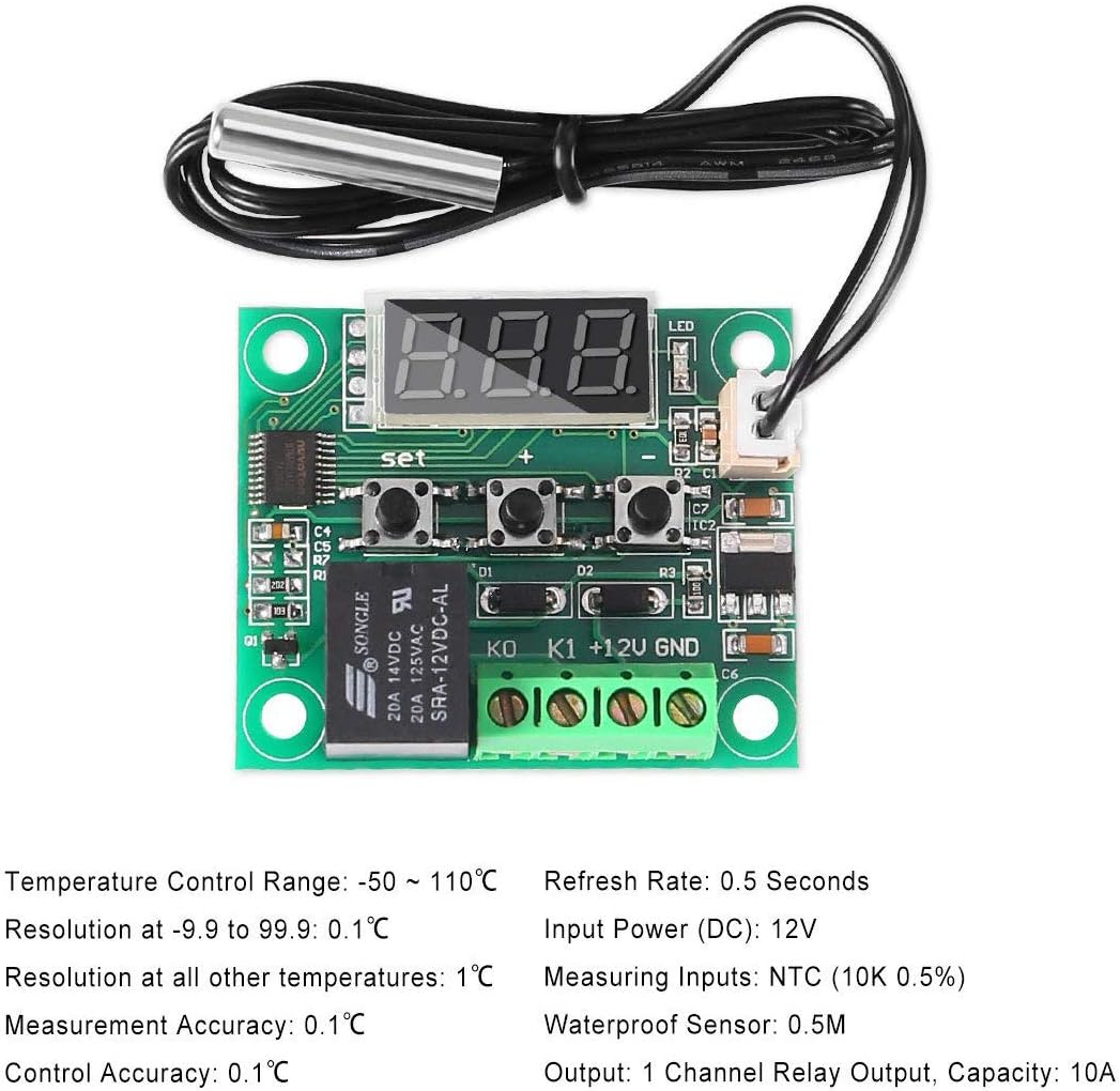 AITRIP 3PCS W1209 12V DC Digital Temperature Controller Board with 10A One-channel Relay and Waterproof Micro Digital Thermostat -50-110°C Electronic Temperature Temp Control Module Switch (With Case)