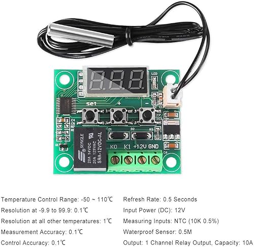 Miniatura 3 de AITRIP 3PCS W1209 12V DC Tablero controlador de temperatura digital con relé de un canal de 10 A y termostato digital micro impermeable -58.0-230.0