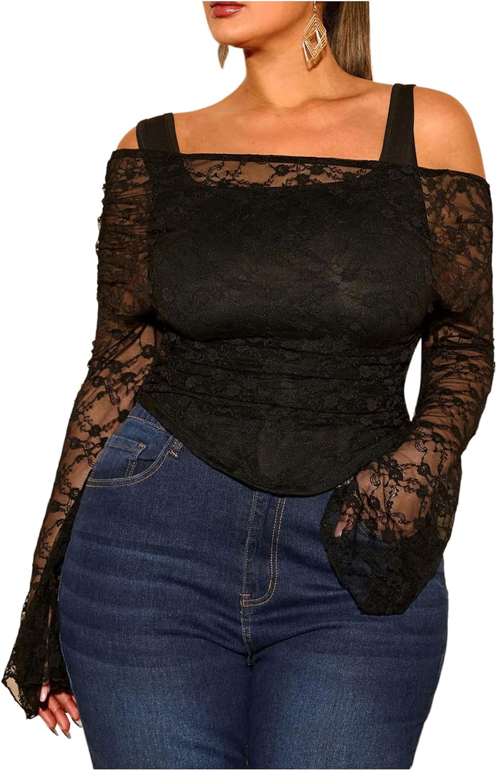 WDIRARA Women's Plus Size 2 in 1 Off Shoulder T Shirt Ruched Sheer Bell Long Sleeve Tee