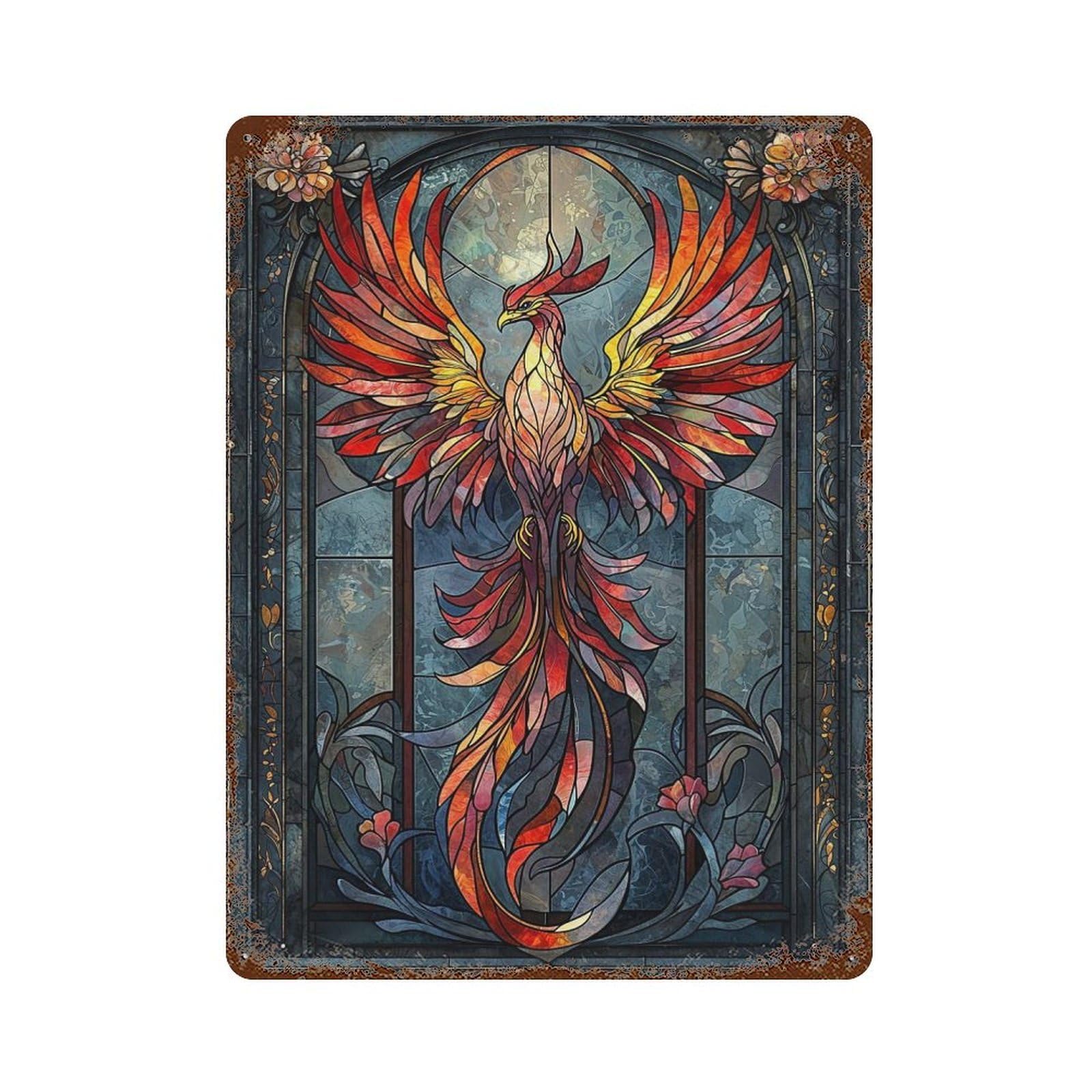 Retro Metal Sign with Stained Glass Phoenix Design 15.7"x11.8", for Shed, Workshop And Garage Wall Decor, Industrial Home Decor