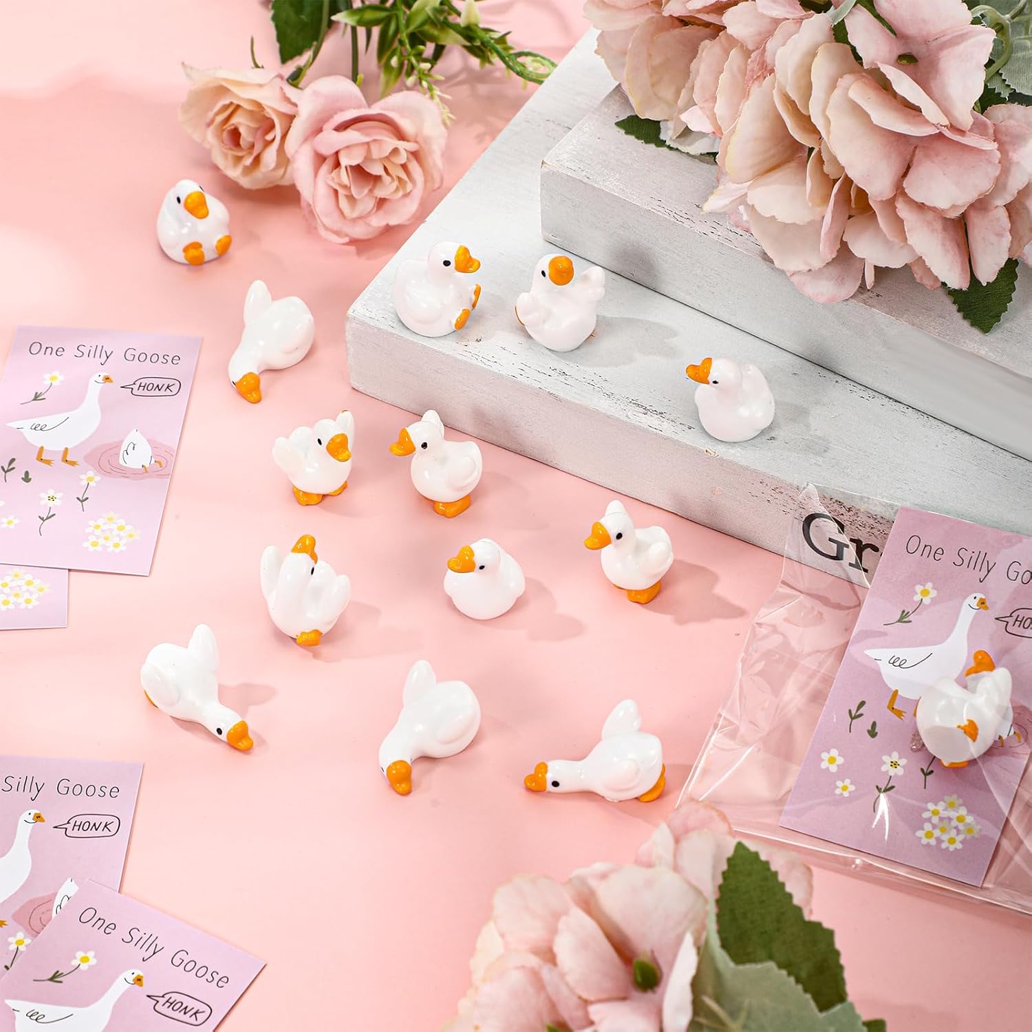Weysat 30 Sets One Silly Goose Birthday Party Decor Baby Shower Party Favor Mini Resin Goose Figurines with Cards for Guest Birthday Decor(Pink)