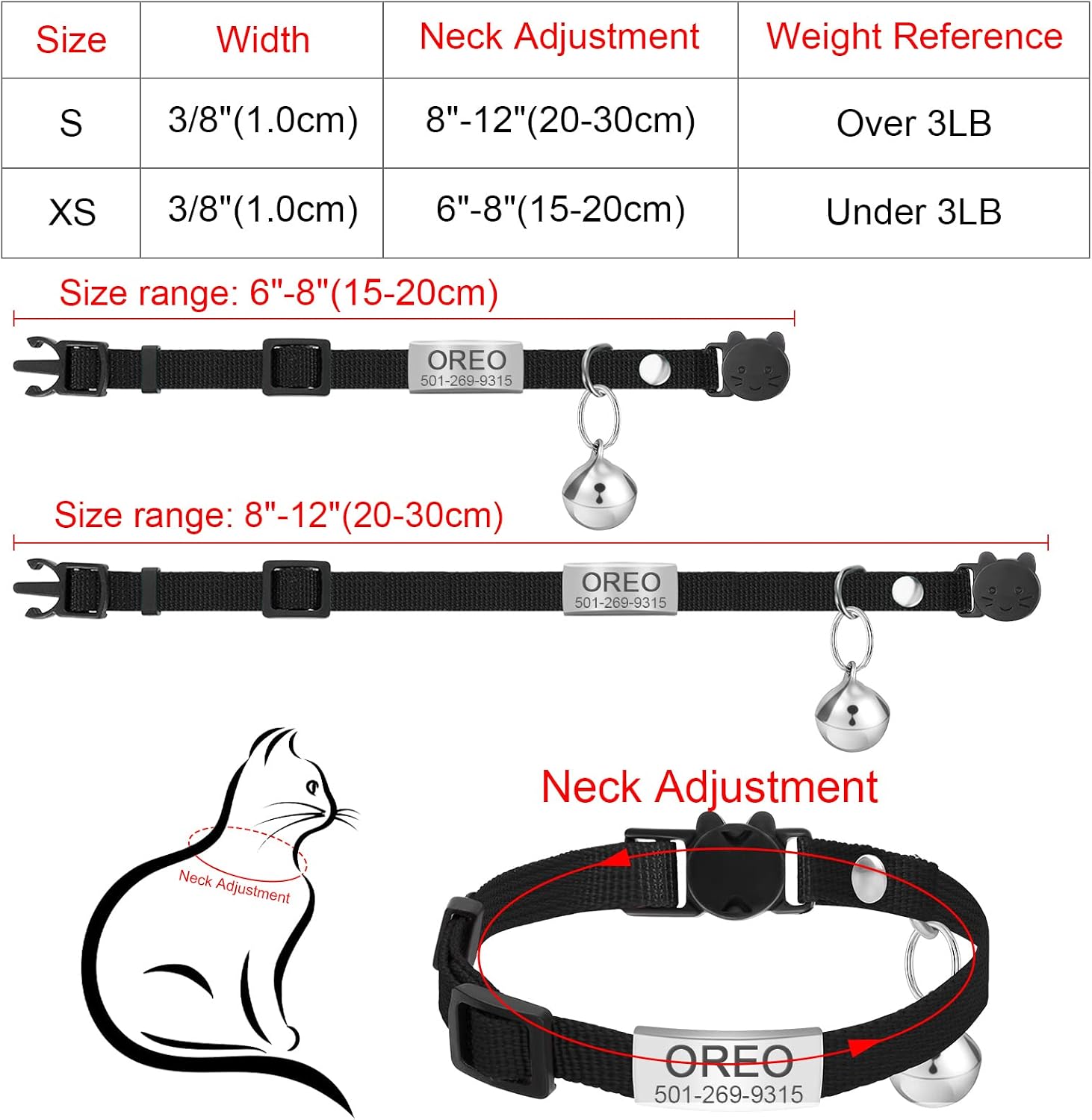 Jiquan Personalized Cat Collar, Breakaway Kitten Collars with Name Tag, Engraved No Noise Slide-On Identification Tags, Anti-Lost Nameplate Cat Collar for Girls & Boys(S Orange)