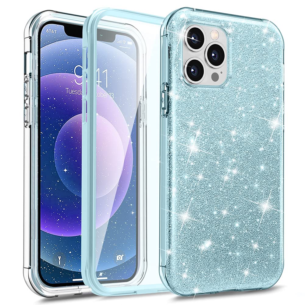 VooiiCompatible for iPhone 12 Case and iPhone 12 Pro Case with [Built-in 9H Tempered Glass Screen Protector] Bling Sparkly Glitter Luxury Shiny Full Body Protection Case for Girl Women-Blue