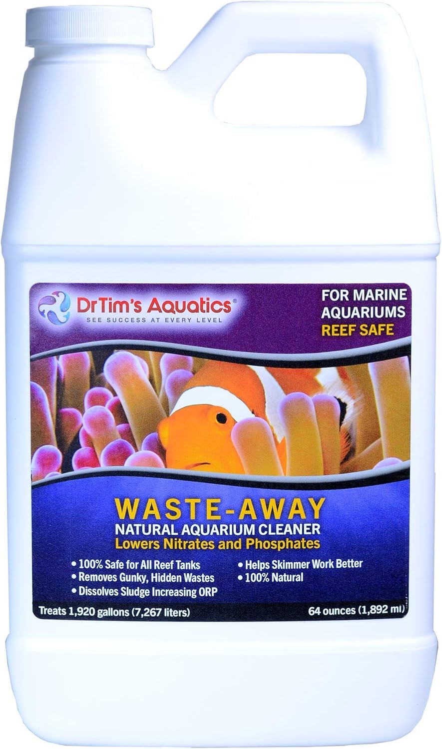 DrTim's Aquatics Reef Waste-Away Sludge Busting Bacteria – For Reef, Nano, Seahorse Aquaria, Fish Tanks, Aquariums – Unclogs, Cleans Gravel Beds, Removes Hidden Wastes – 100% Natural – 64 Oz.
