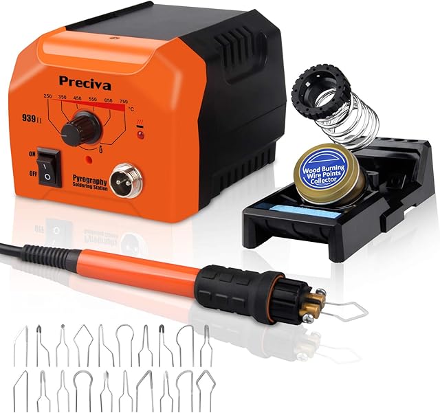 Wood Burning Pyrography Kit, Preciva Woodburner Pen Tool Set with Fast Heat Up Soldering Iron Station, 40W 250-750 Adjustable Temperature, 20 Tips and Stand for Wood Engraving Craft