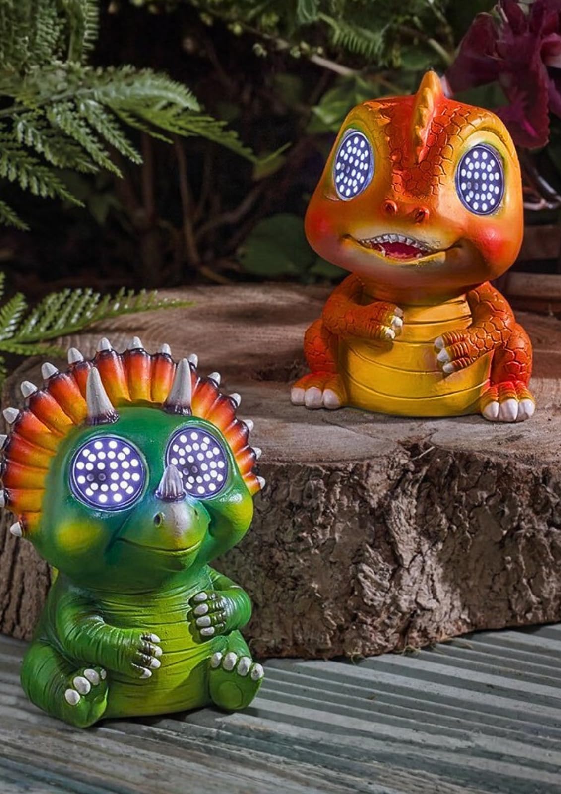 Garden Mile Pack of 2 Solar Dinosaur Garden Ornaments with LED Blinking Eyes – Waterproof Resin Dinosaur Statue Garden Ornaments Outdoor Decorations for Patio, Lawn & Balcony Decor