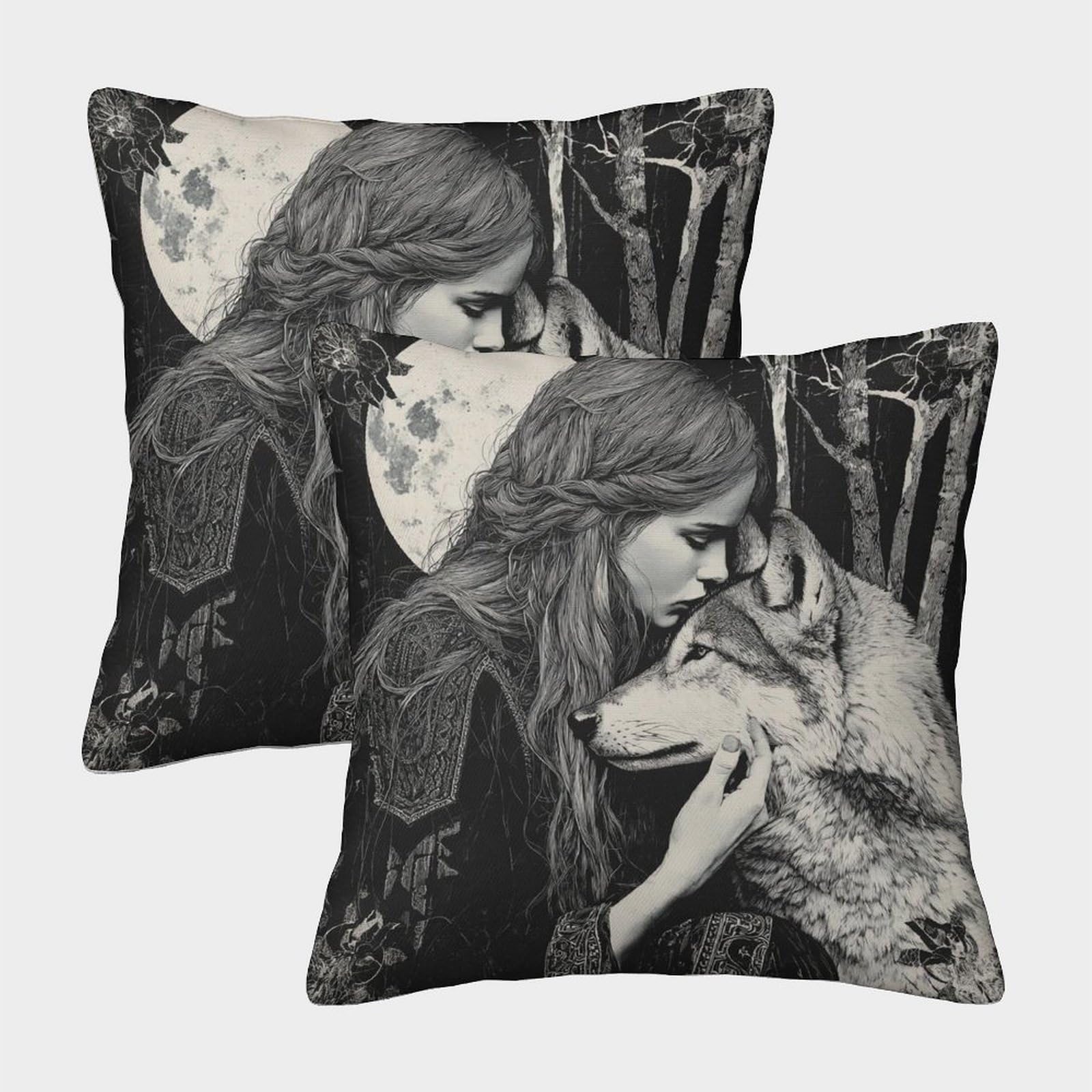 kaiyun 2 Pack 3D Young Medieval Girl, Wolf Cushion 3D Soft Touch Pillowcase,sofa Chair Home Furnishings 50x50cm